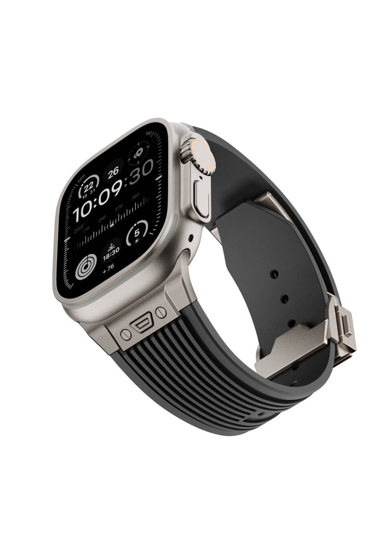 Deppo Trend Apple Watch 42mm/44mm/45mm/49mm 9 8 7 6 5 4 3 2 1 Se Uyumlu Kordon Spor Çizgili Metal Başlık Silikon