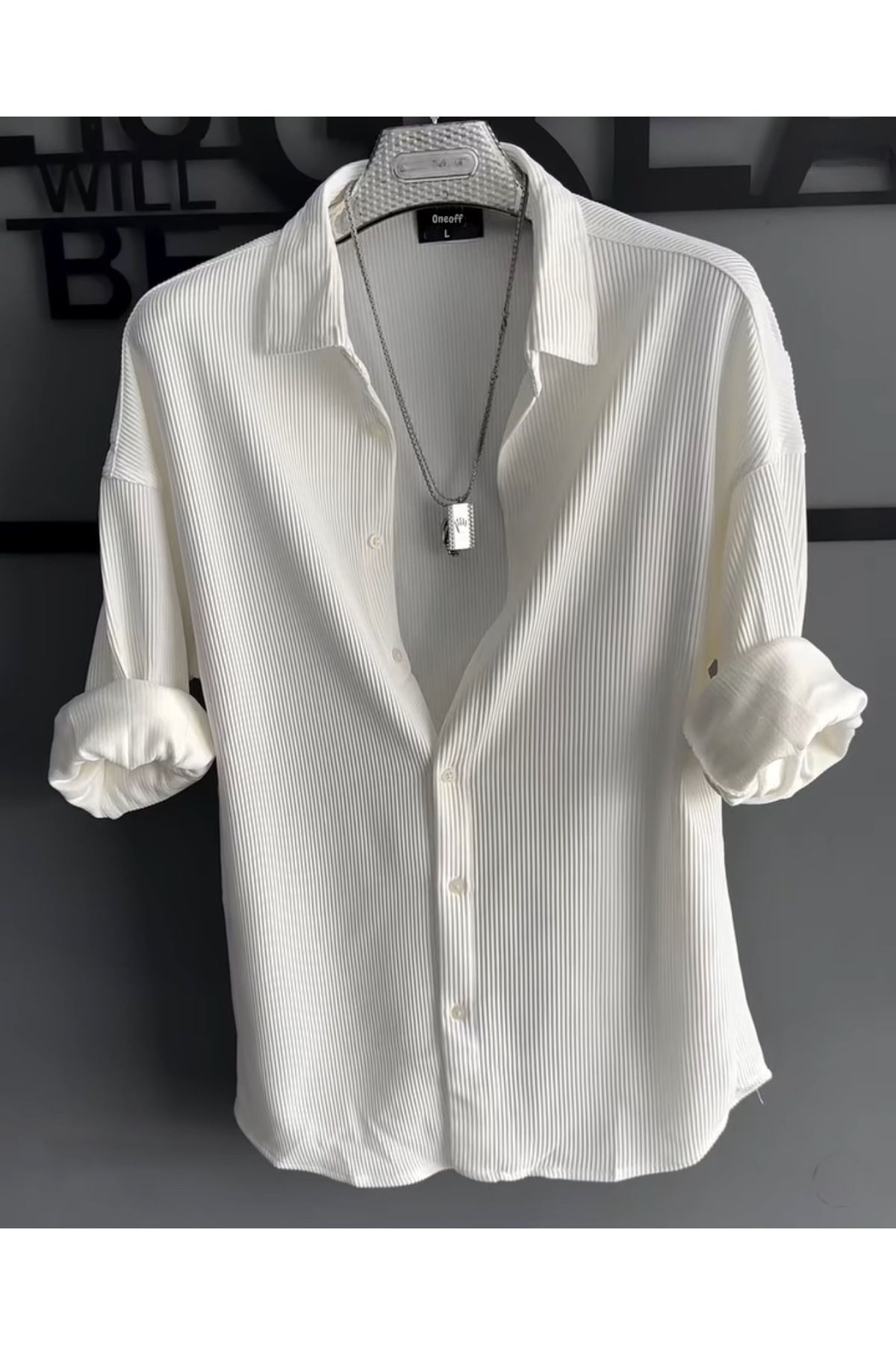 oneoff Erkek Yazlık Beyaz Fitilli Ottoman Dokulu Oversize Gömlek