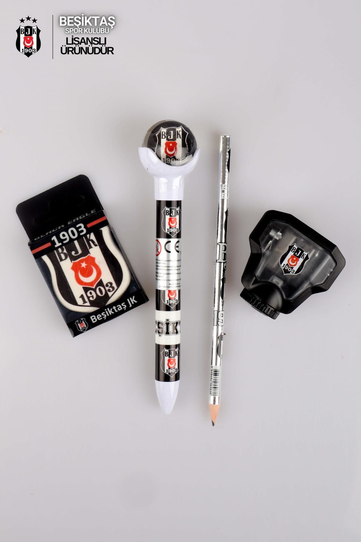 Beşiktaş Lisanslı Top Başlı Uçlu Kalem ,kurşun Kalem , Logo Silgi Ve Kalemtraş Kırtasiye Seti