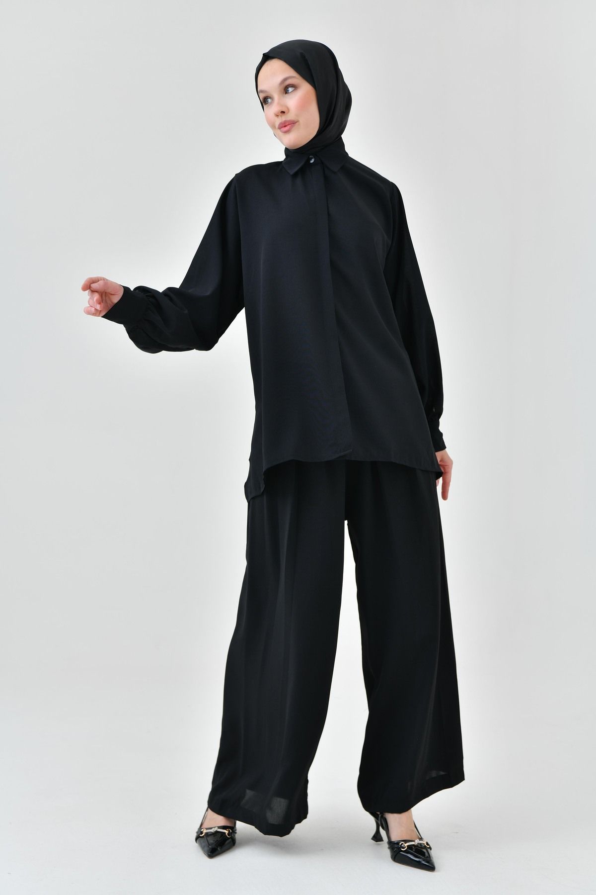 bayansepeti Siyah Uzun Kollu Gömlek ve Piliseli Geniş Paça Siyah Pantolon Tesettür Alt-Üst Takım 2051