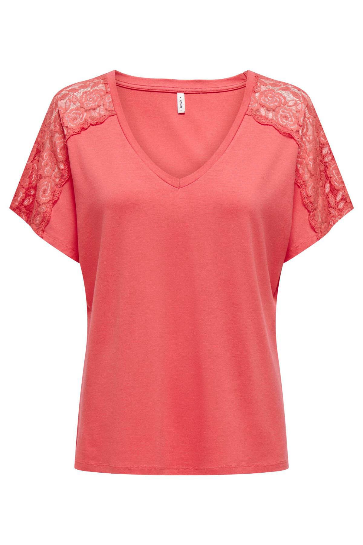 Only Kadın T-shirt Gül 15302877 Onlmoster S/s V-neck Lace Top Jrs