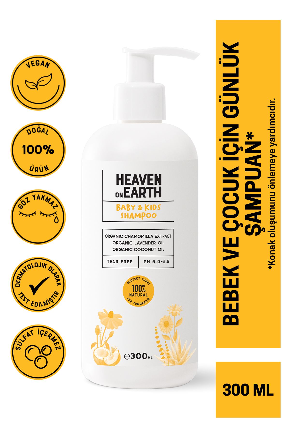 Heaven on Earth Konak Önleyici Bebek Çocuk Saç Ve Vücut Şampuanı %100 Doğal Organik Papatya Lavanta Vegan Parabensiz