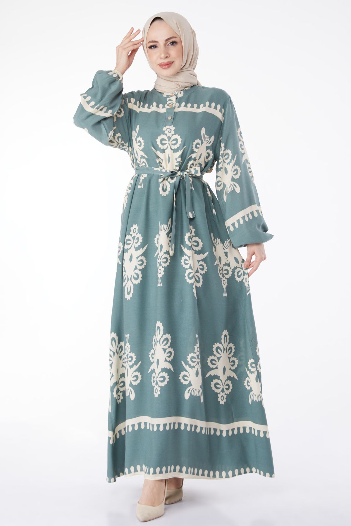 TOFİSA Düz Hakim Yaka Kadın Yeşil Desenli Renkli Elbise - 24989