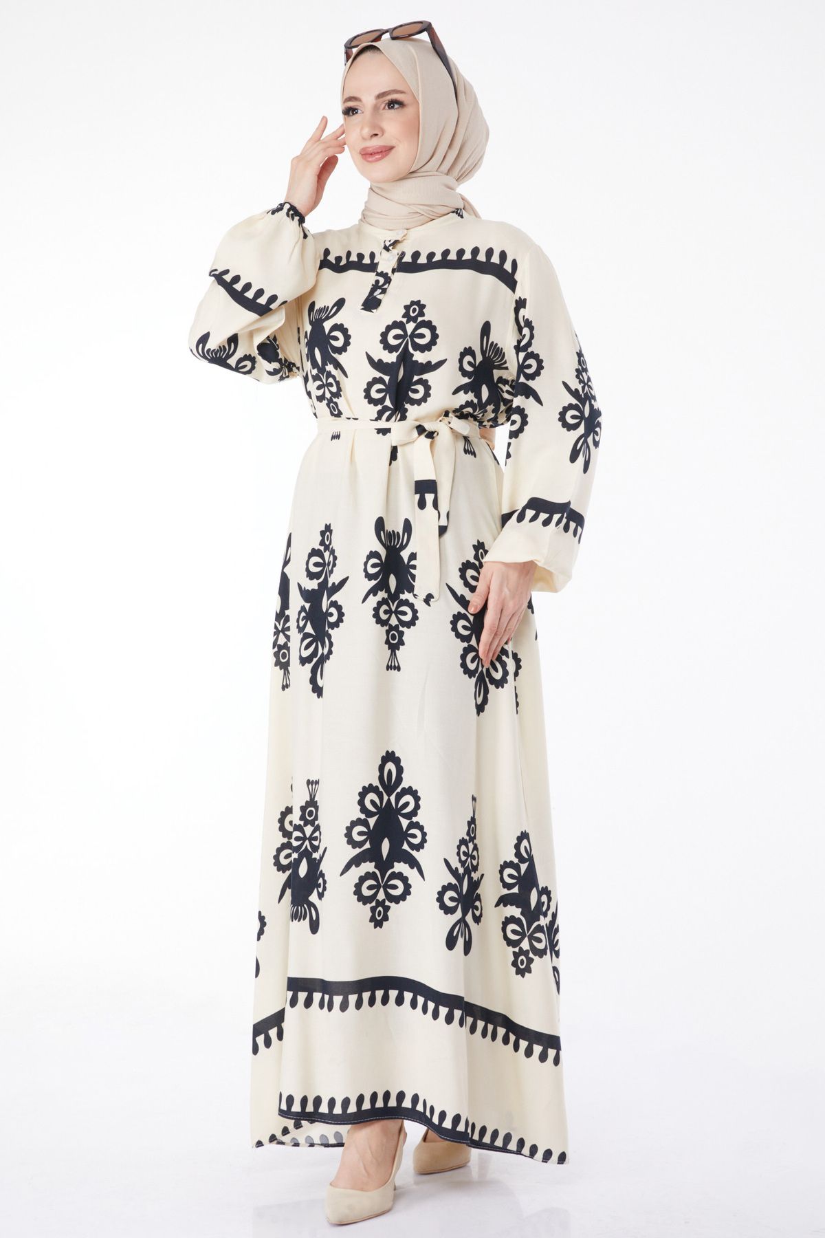 TOFİSA Düz Hakim Yaka Kadın Bej Desenli Renkli Elbise - 24989