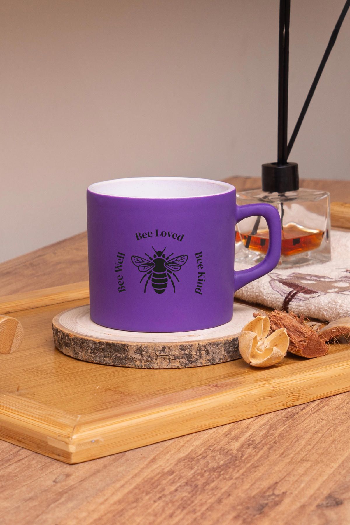 Seraclass Mor Renkli Bee Loved Tasarımlı Çay & Nescafe Fincanı