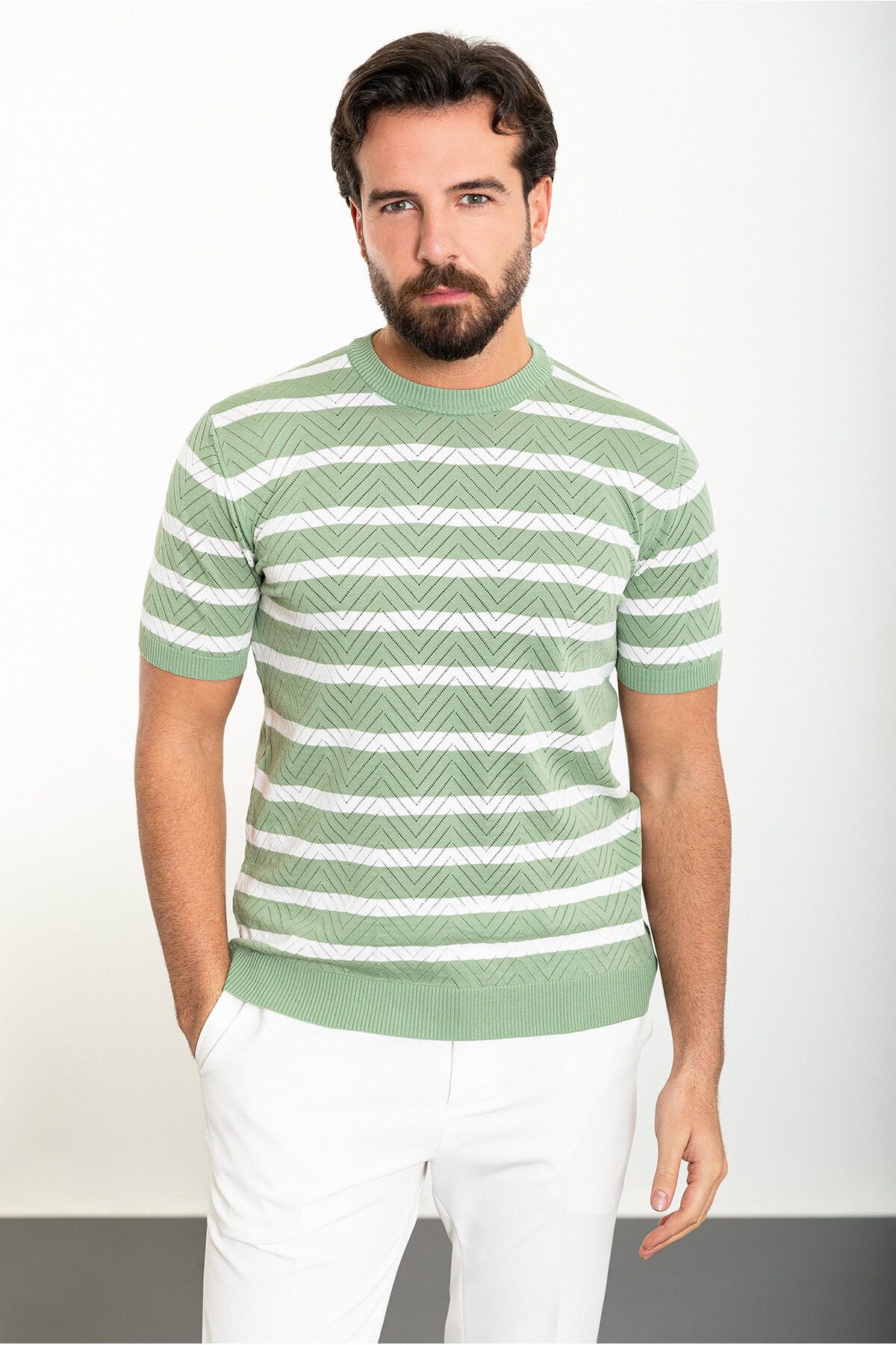 Mcr Yatay Çizgili Açık Yeşil Slim Fit Bisiklet Yaka Erkek Triko T-shirt