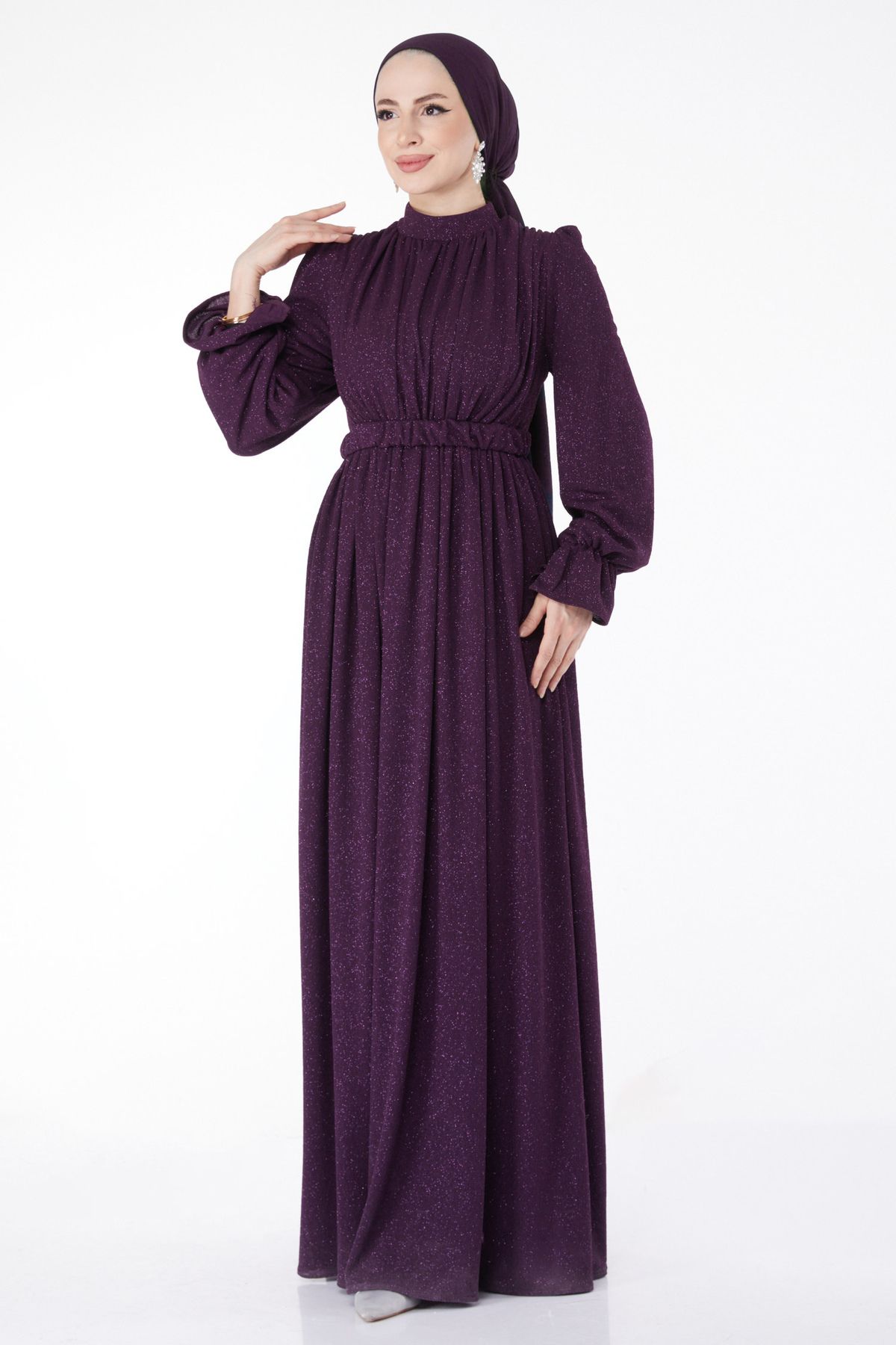 TOFİSA Düz Orta Kadın Mor Simli Kemerli Abiye Elbise - 25058