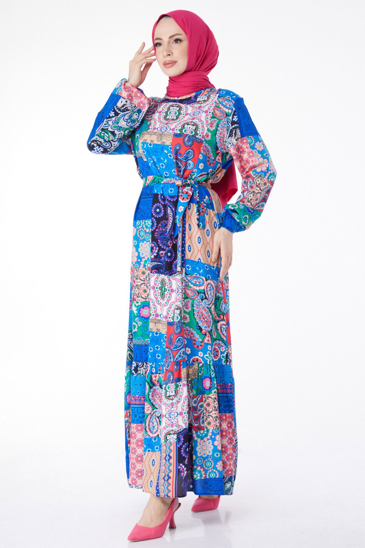 TOFİSA Düz Hakim Yaka Kadın Mavi Desenli Renkli Elbise - 24994