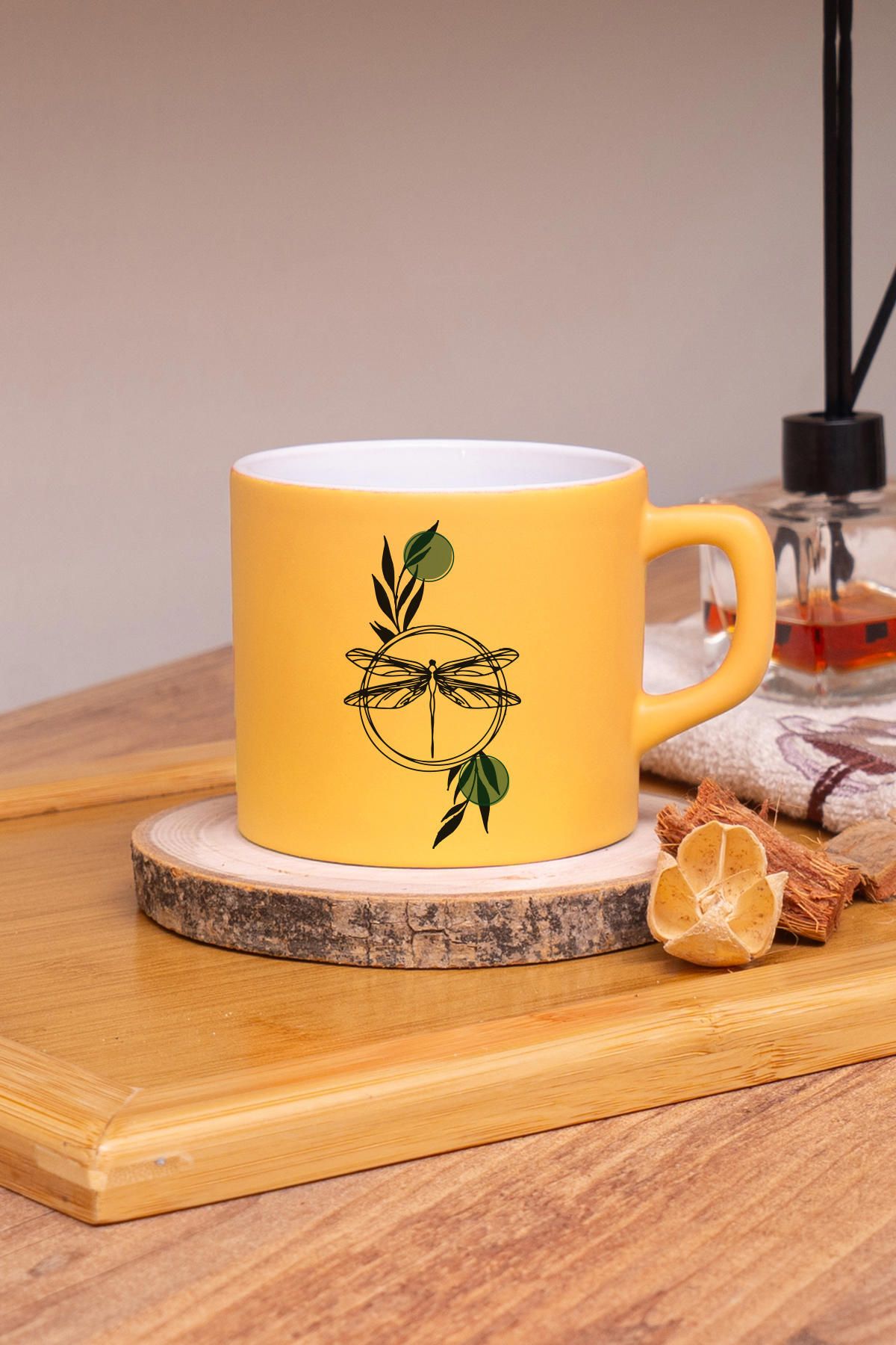 Seraclass Sarı Renkli Yusufçuk Tasarımlı Çay & Nescafe Fincanı