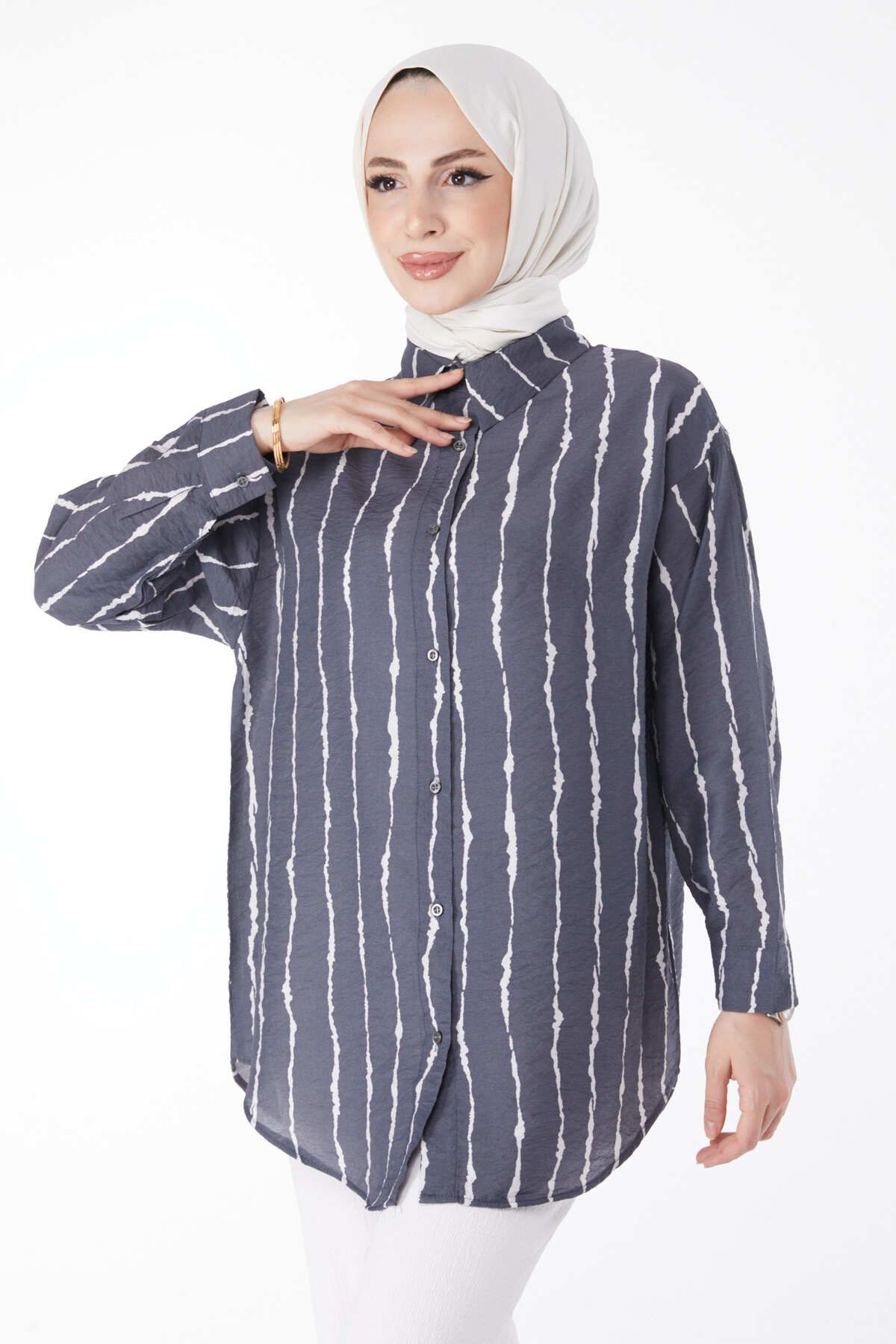 TOFİSA Düz Gömlek Yaka Kadın Antrasit Desenli Gömlek - 25124