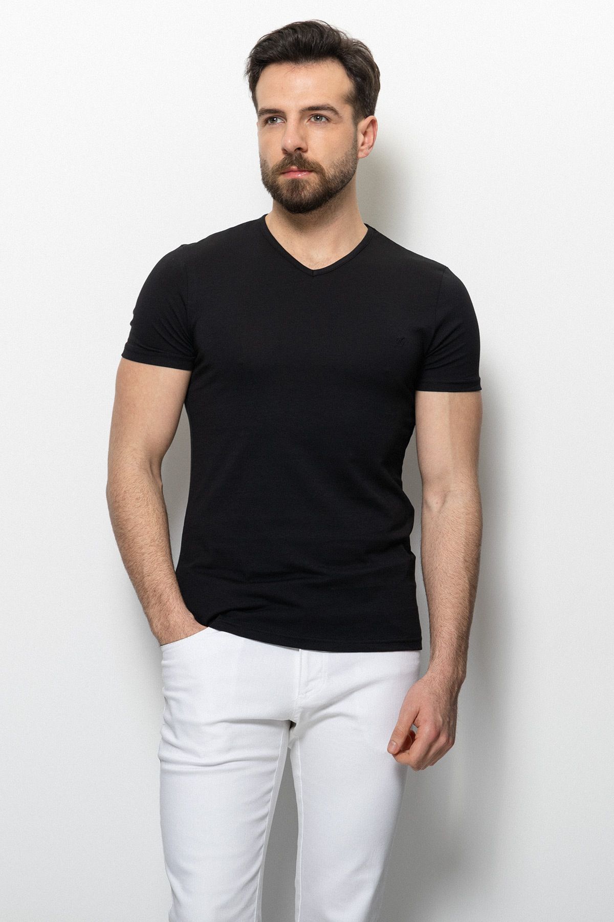 Mcr Düz Siyah Renk Super Slim Fit V Yaka Basic Erkek T-shirt