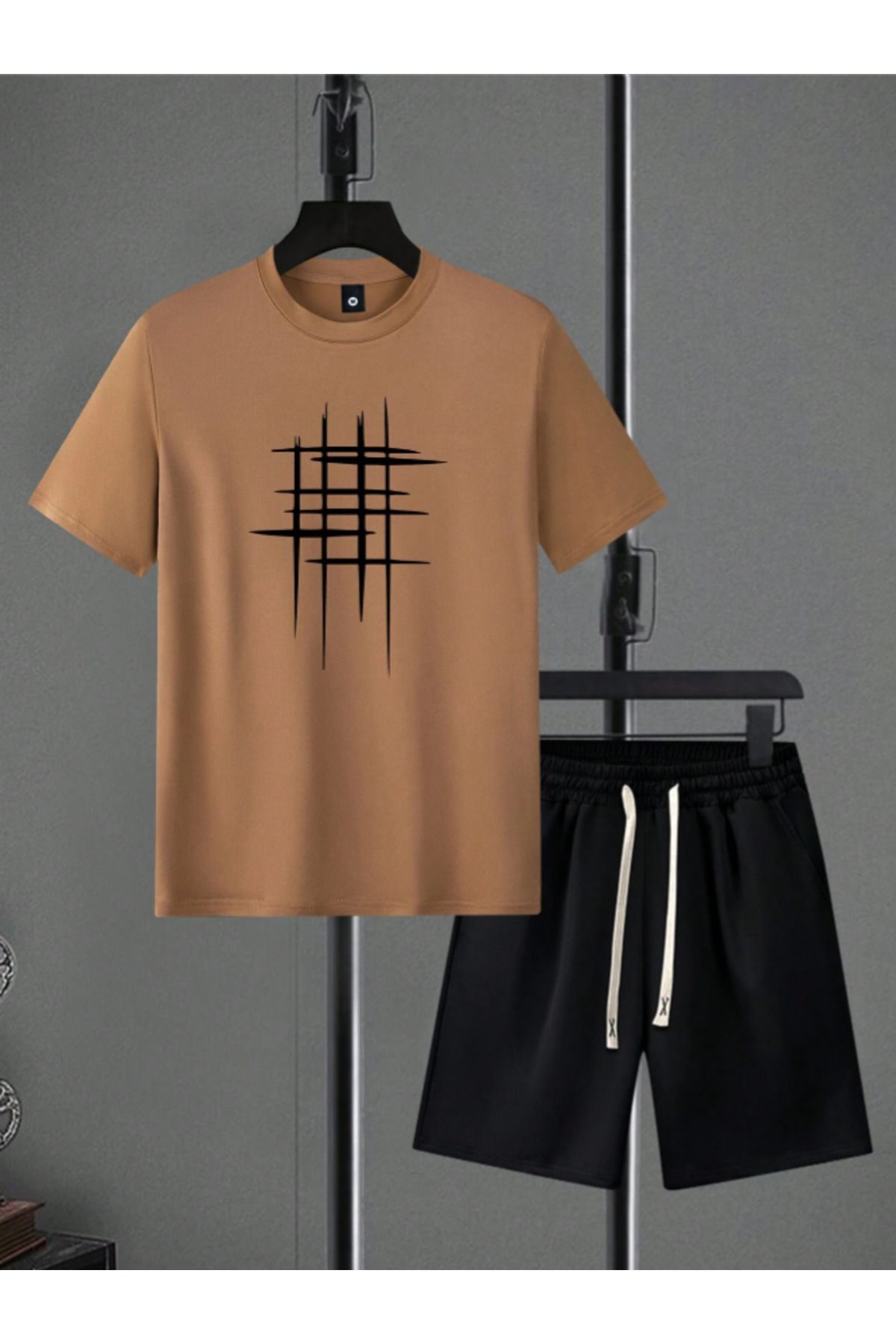 Revasser Unisex Kadın/Erkek Çizgili Özel Baskılı Şort T-shirt Takımı