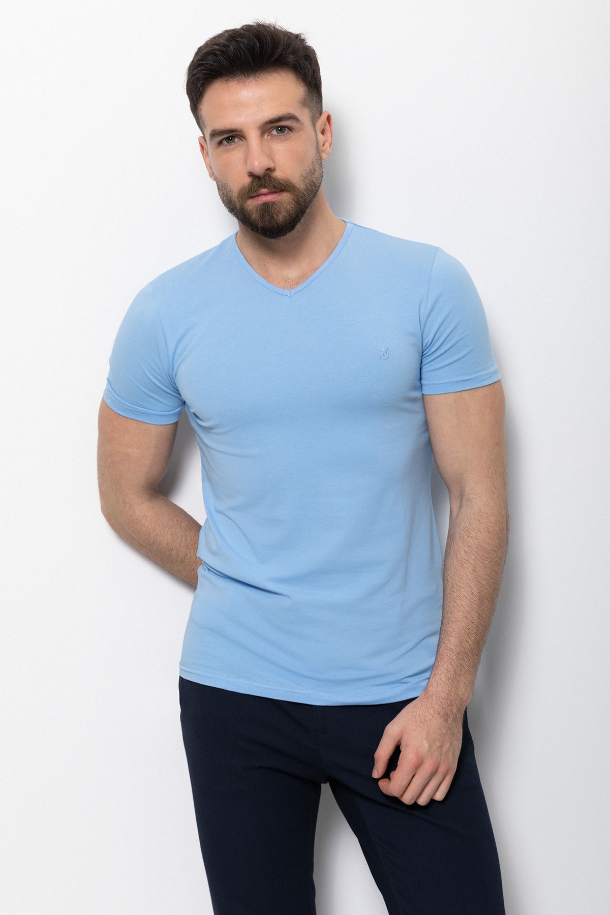 Mcr Düz Mavi Renk Super Slim Fit V Yaka Basic Erkek T-shirt