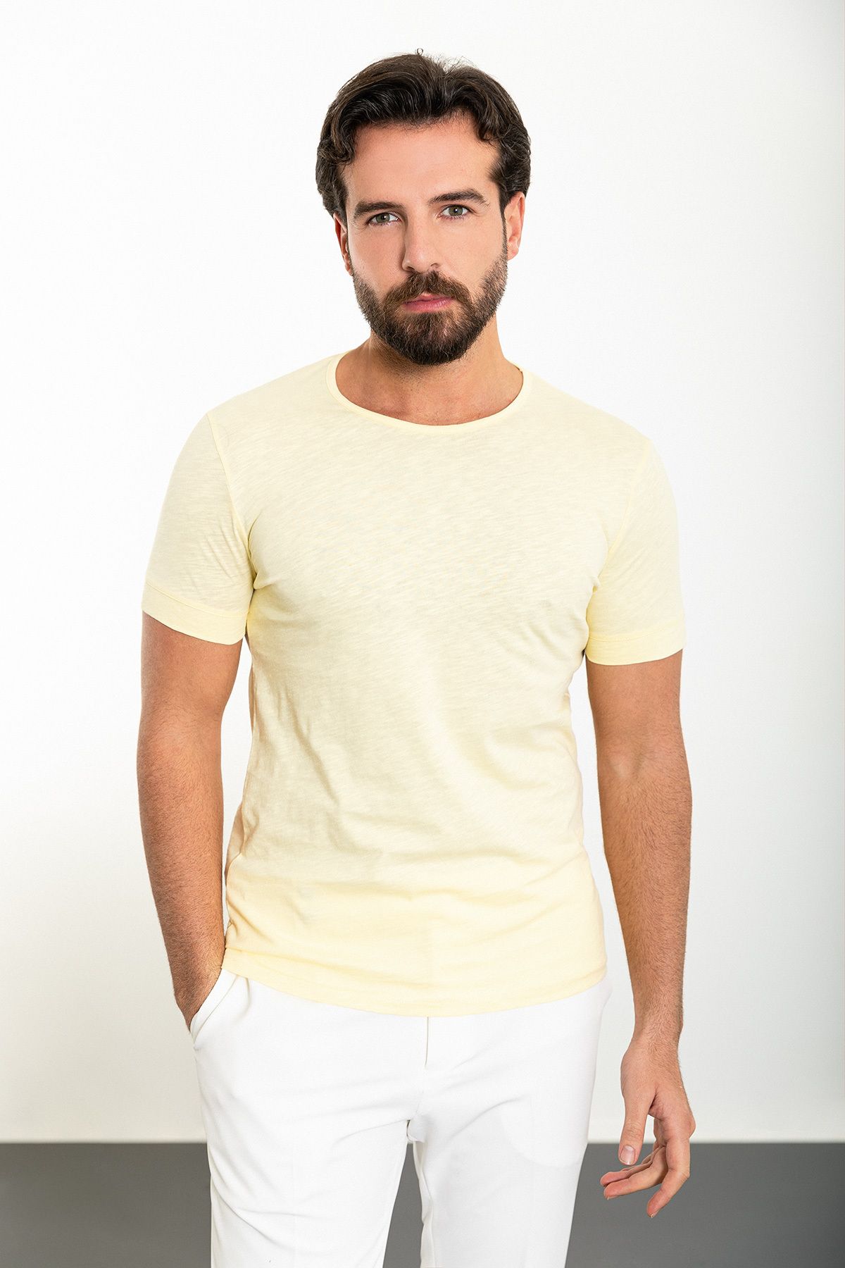 Mcr Düz Sarı Slim Fit Bisiklet Yaka Erkek T-shirt