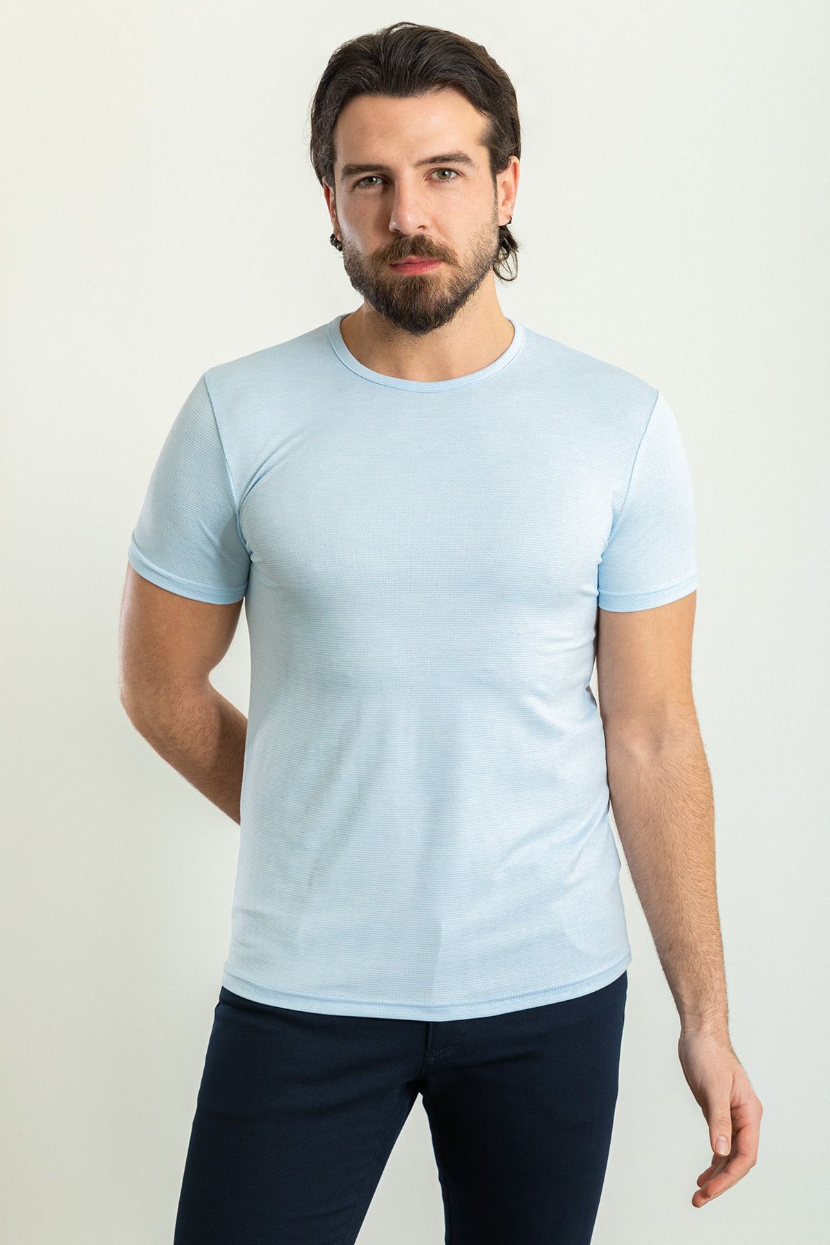 Mcr Desenli Mavi Renk Slim Fit Bisiklet Yaka Erkek T-shirt
