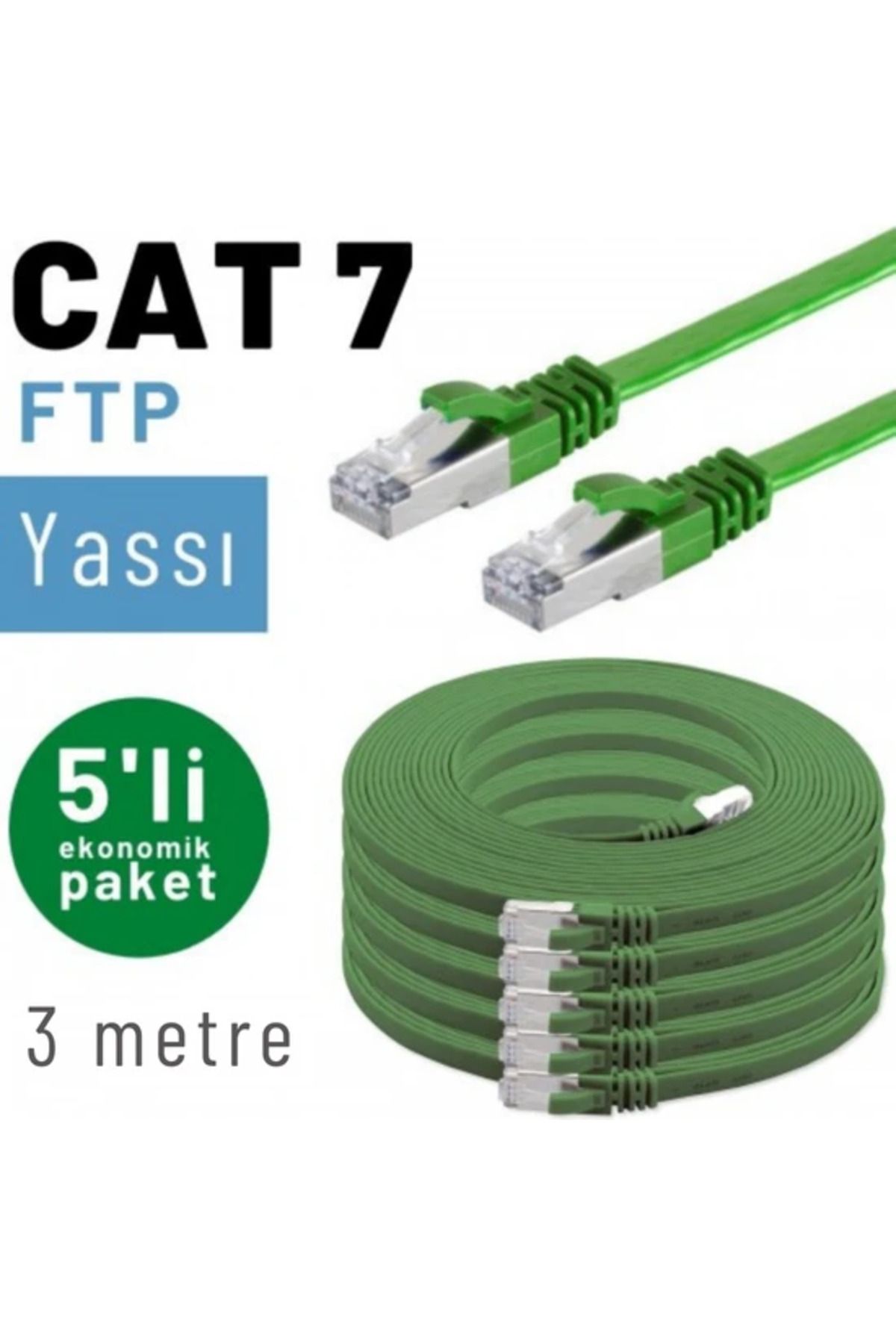 IRENIS 5 Adet 3 Metre Cat7 Kablo Yassı Ftp Ethernet Network Lan Kablosu, Yeşil