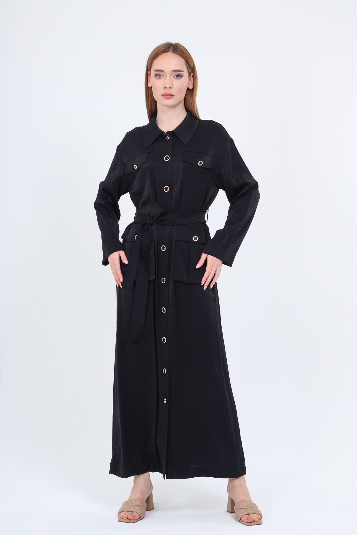 Mimya Siyah Düğmeli Kuşaklı Elbise 1509