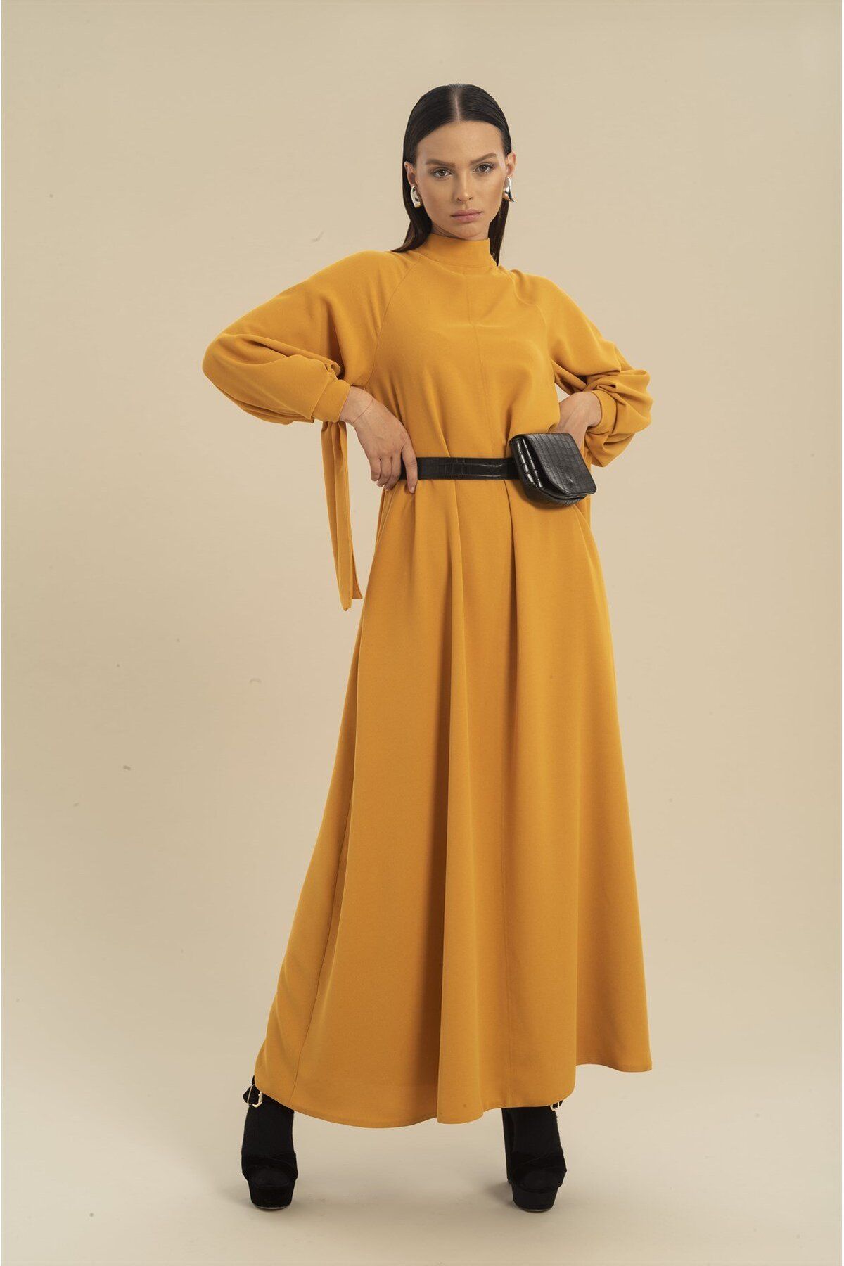 Mimya Sarı Reglan Kollu Çantalı Uzun Krep Elbise 2216