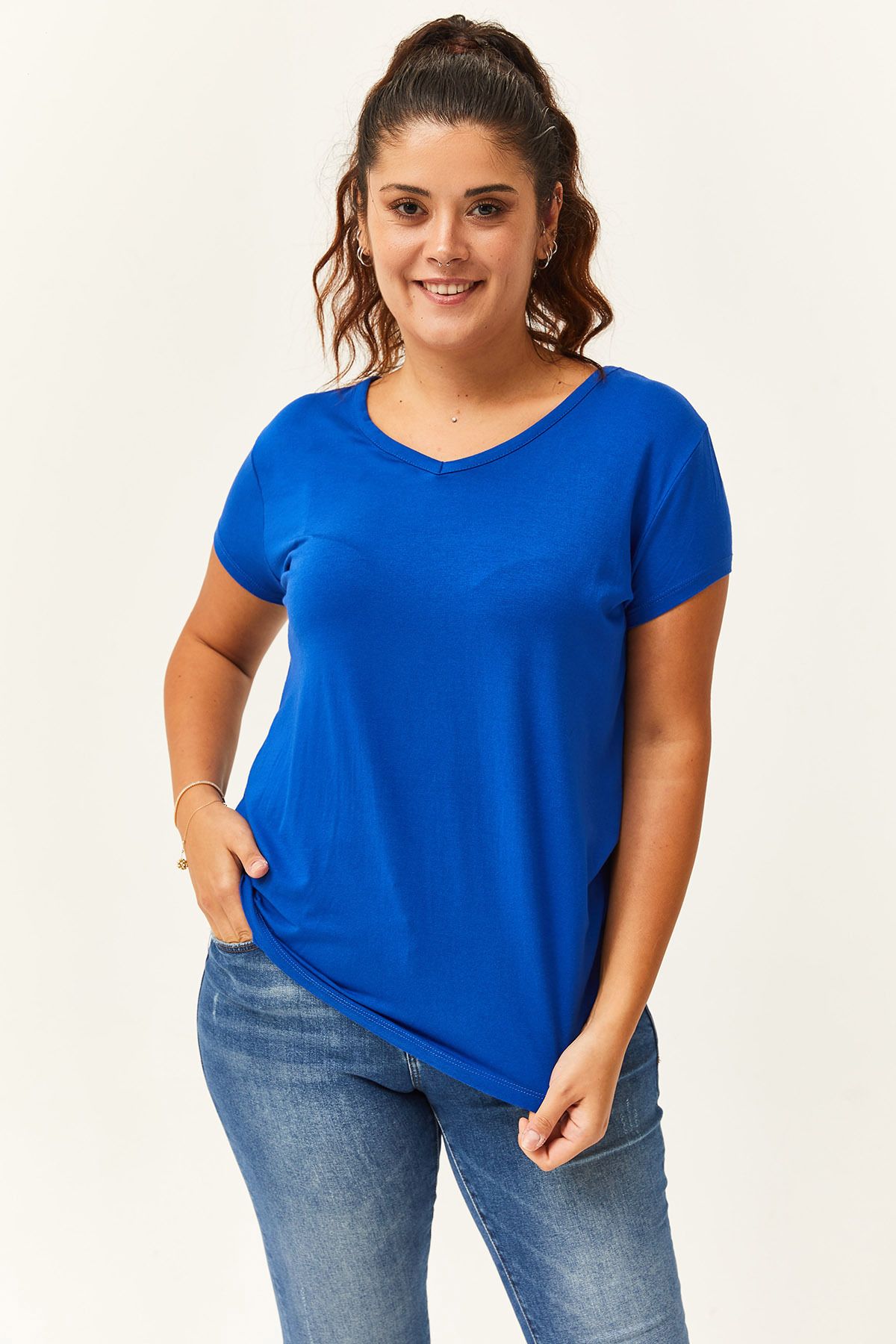 Ebsumu Kadın Büyük Beden V Yaka Basic Kısa Kollu Mavi Tişört