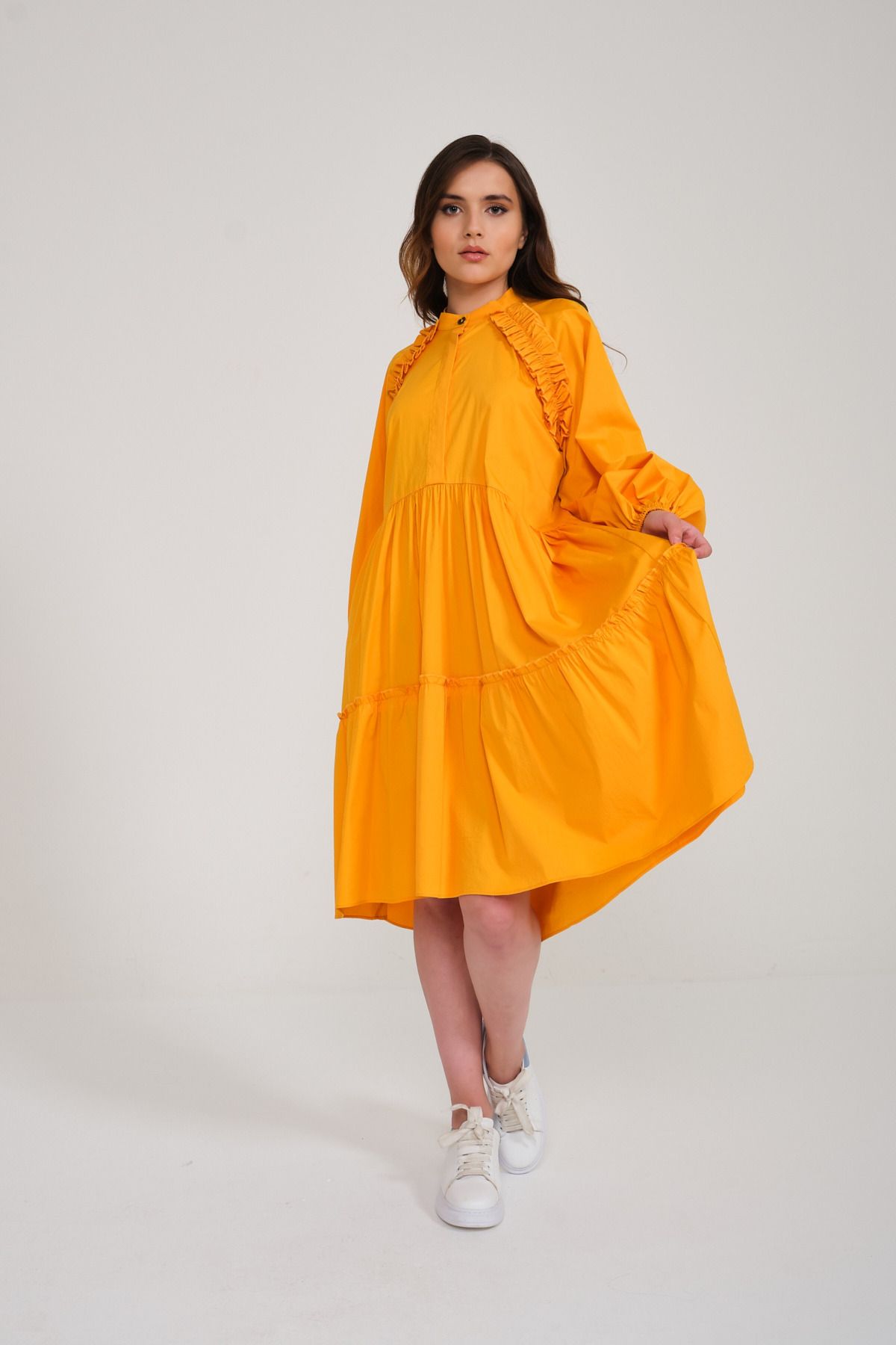 Mimya Turuncu Fırfırlı Rahat Kısa Pamuklu Elbise 3300