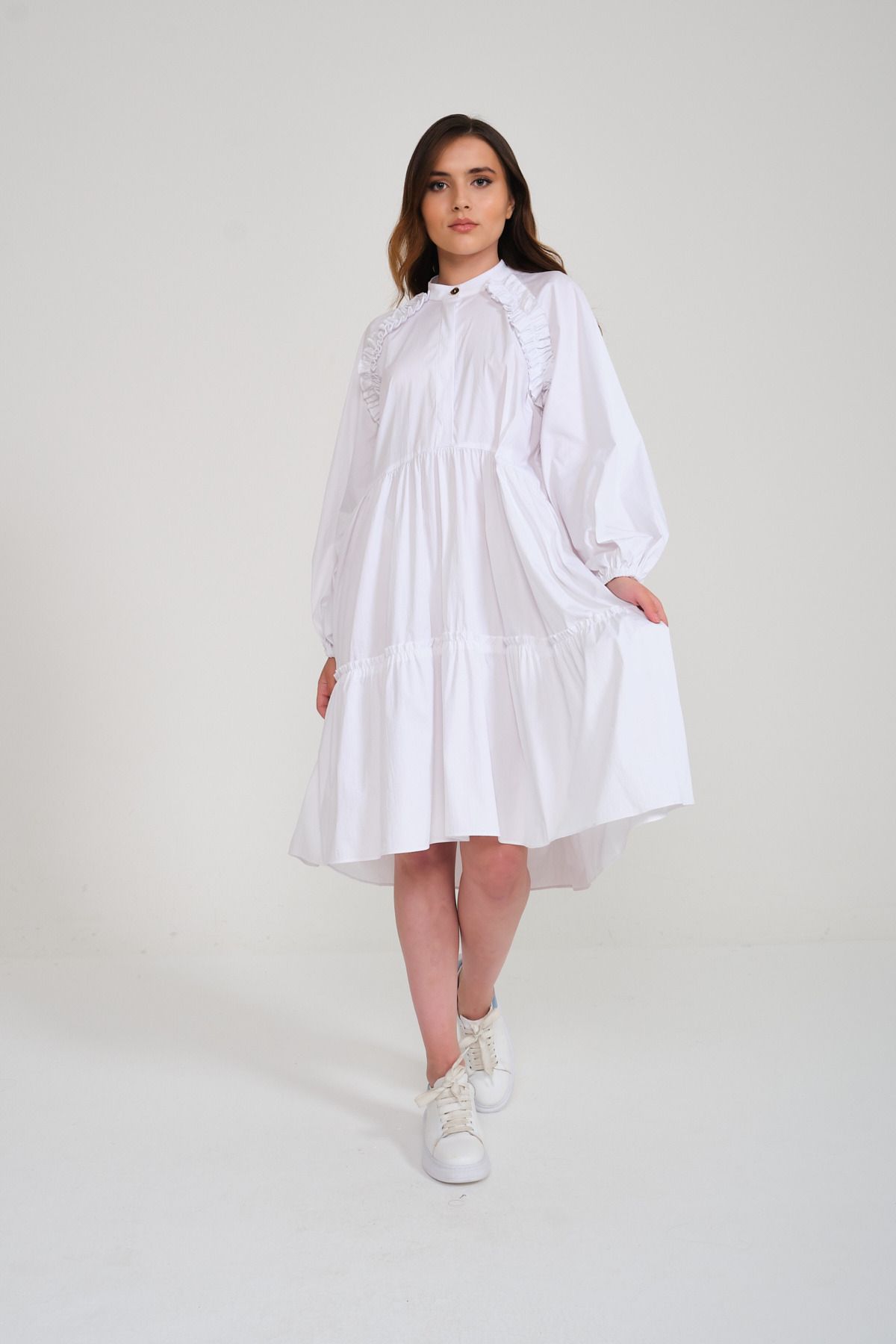 Mimya Beyaz Fırfırlı Rahat Kısa Pamuklu Elbise 3300