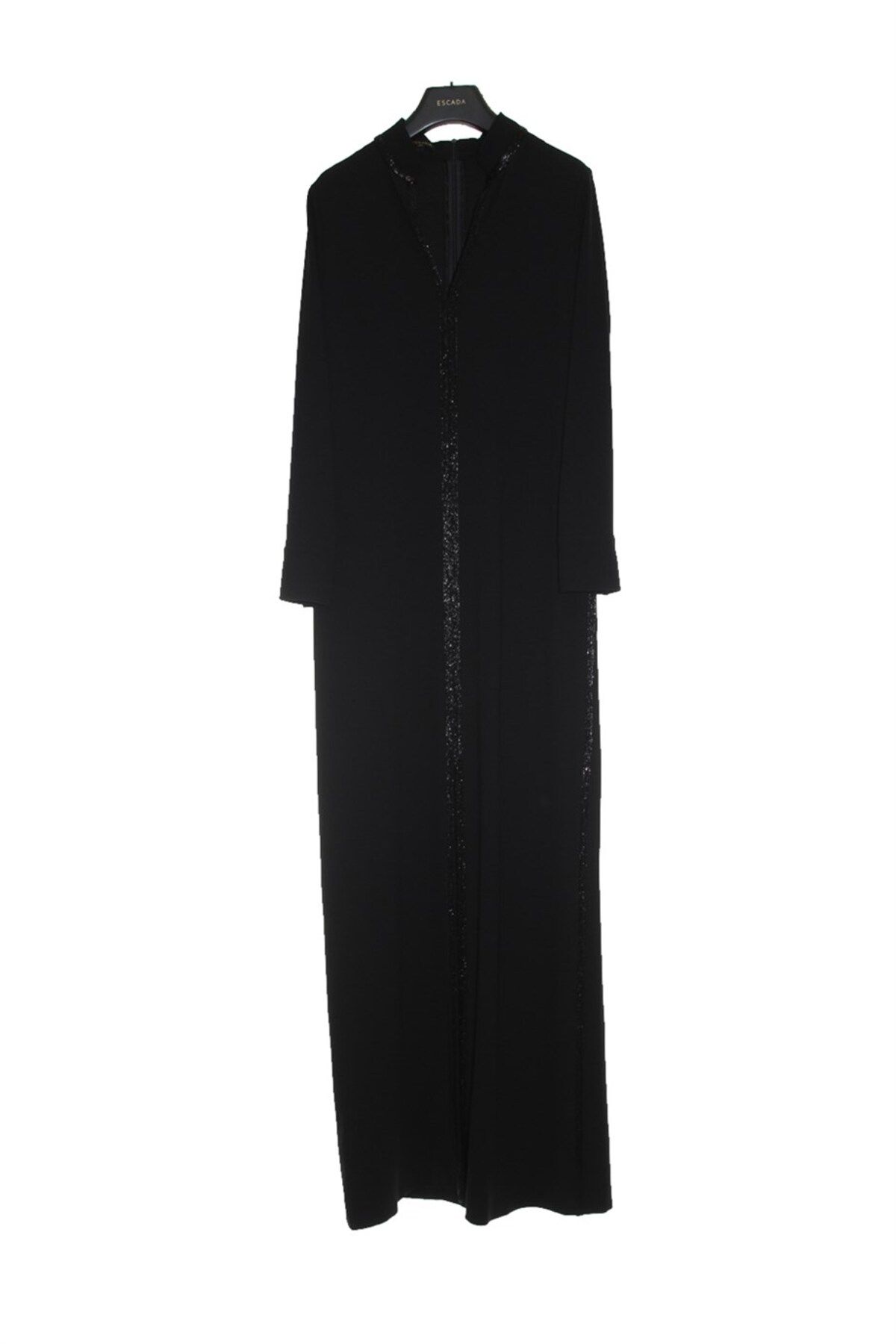 Escada Uzun Kol V Yaka Önden Yırtmaçlı Işleme Detaylı Uzun Siyah Gece Elbisesi