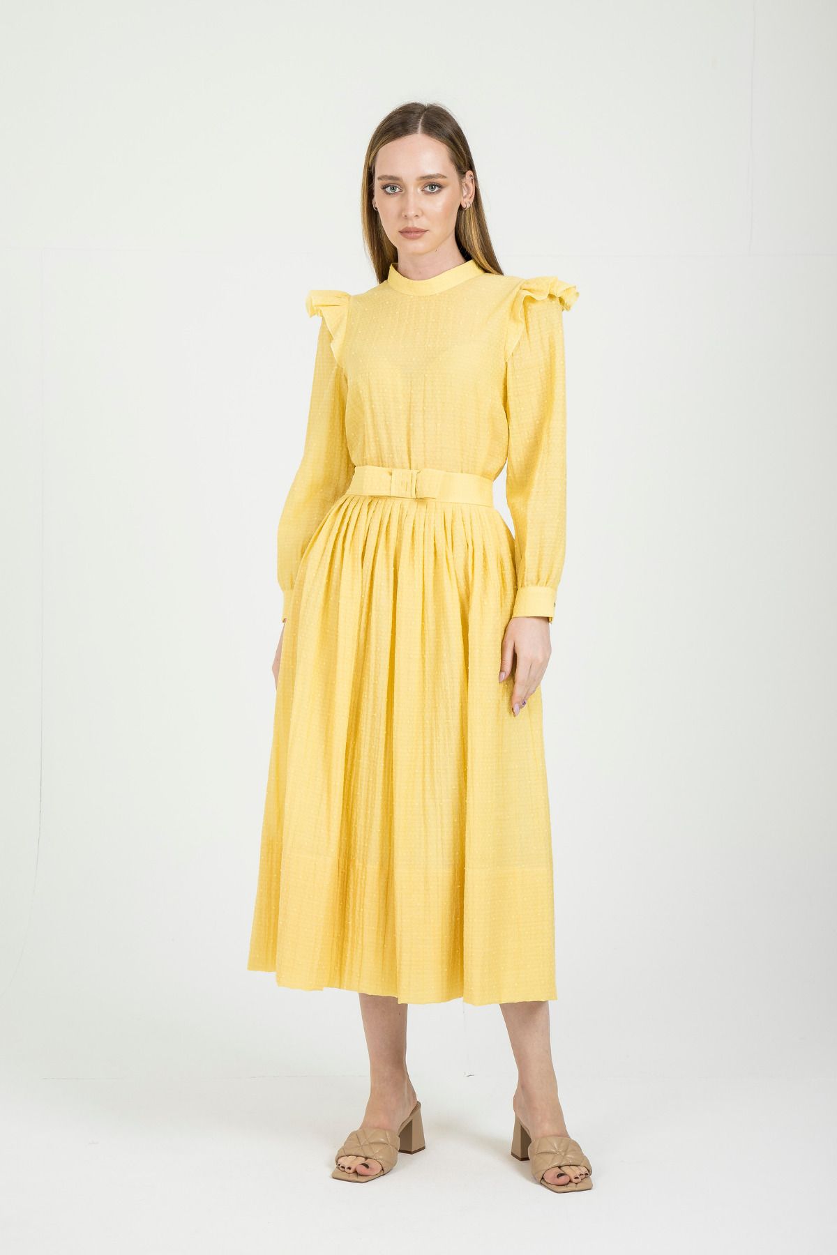 Mimya Sarı Pili Etekli Pamuklu Elbise 2528