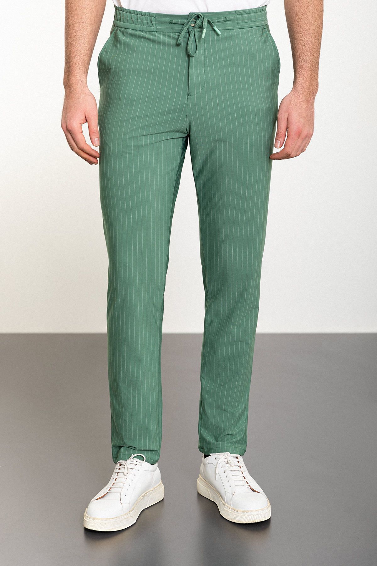 Mcr Çizgili Yeşil Super Slim Fit Beli Lastikli Ipli Erkek Pantolon