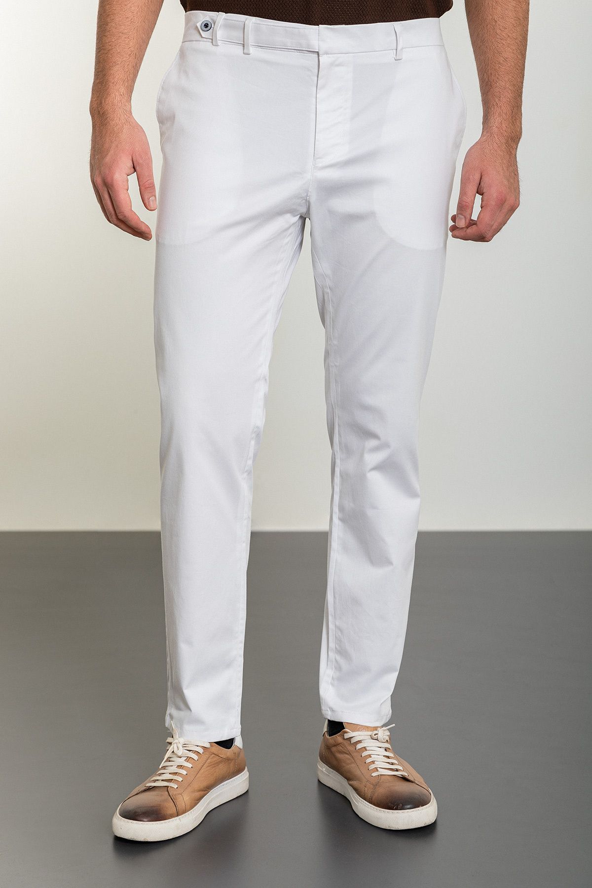 Mcr Düz Beyaz Super Slim Fit Kemerli Erkek Pantolon
