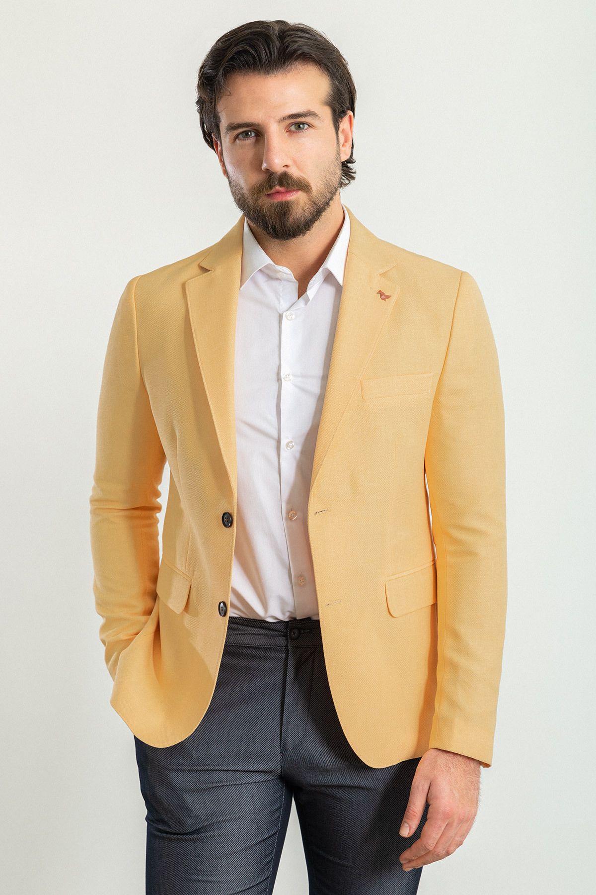 Mcr Düz Sarı Rengi Slim Fit Mono Yaka Erkek Ceket
