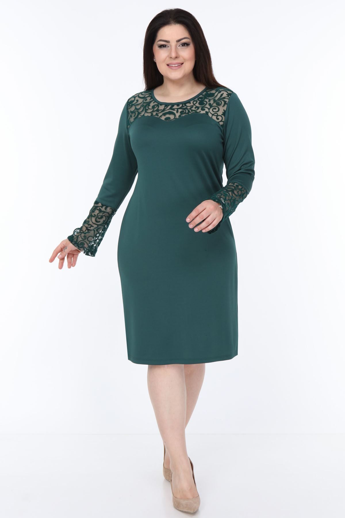 modayız Yeşil Ispanyol Kol Elbise 30y-1050