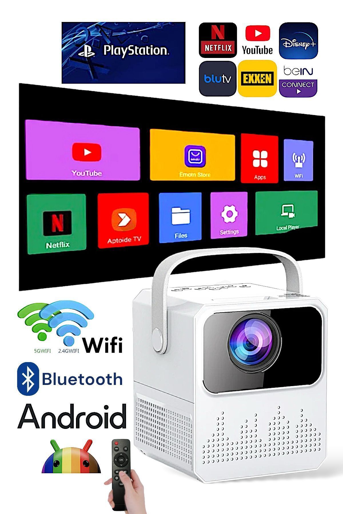 PİNK İTHALAT Projeksiyon Ev Sineması Bluetooth Wifi Akıllı Android Tv 1080p Hoparlör Smart 4k Youtube Türkçe