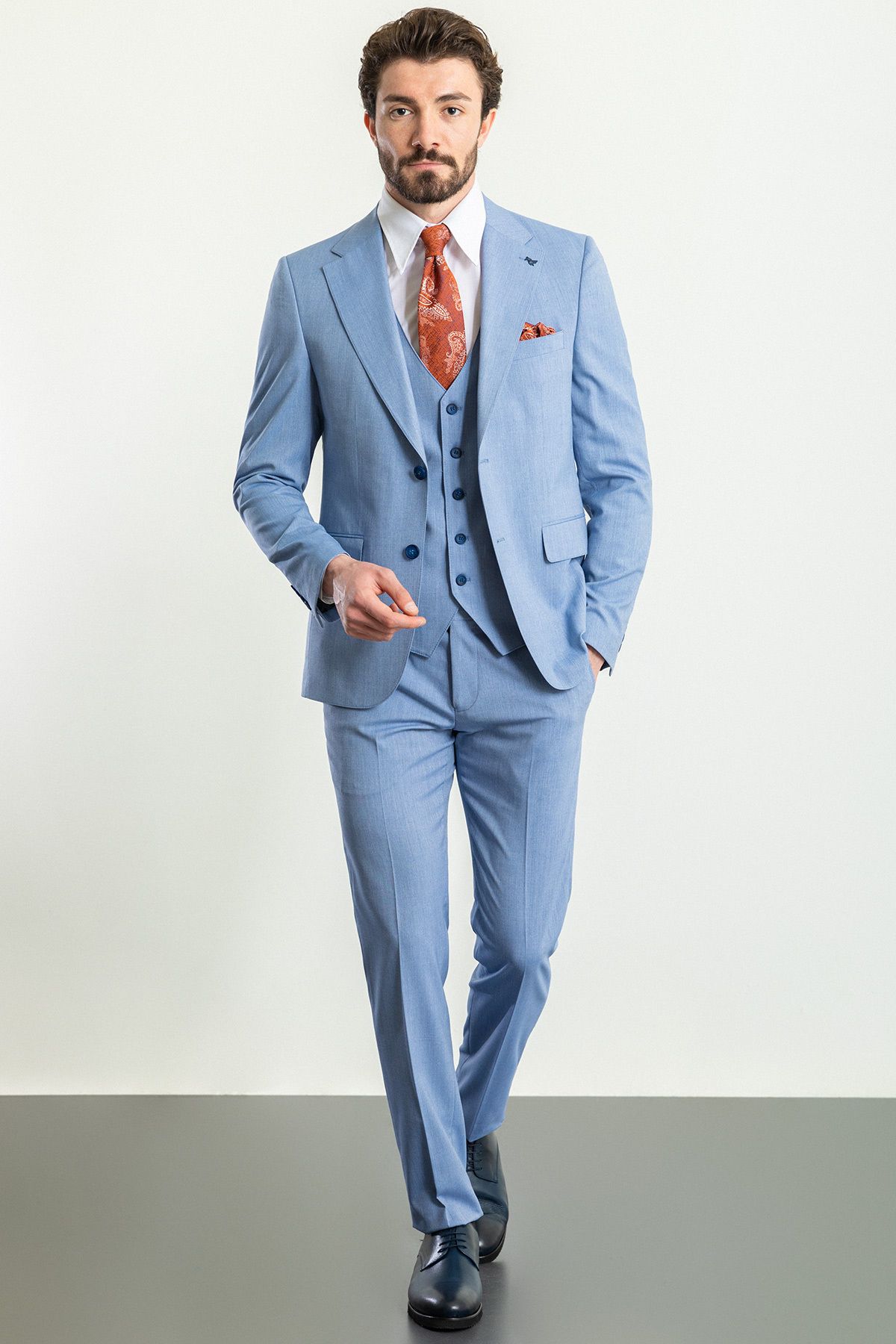 Mcr Desenli Mavi Renk Slim Fit Mono Yaka Yün Erkek Takım Elbise