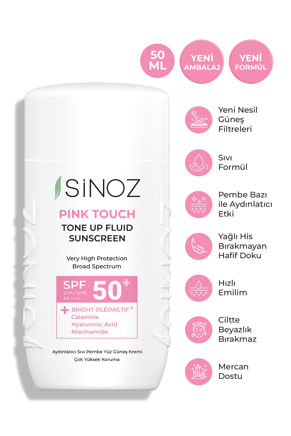 Sinoz Spf50 Pink Touch Aydınlatıcı Fluid Yüz Güneş Kremi Yeni Nesil Güneş Filtreleri Hibrit Formül 50ml