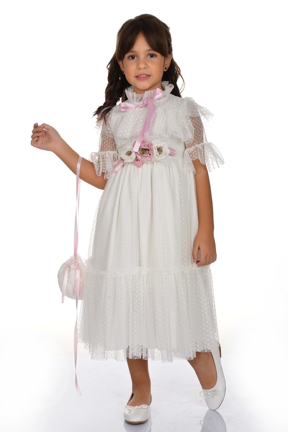 Mnk Kız Çocuk Çantalı Dönem Elbisesi Ekru