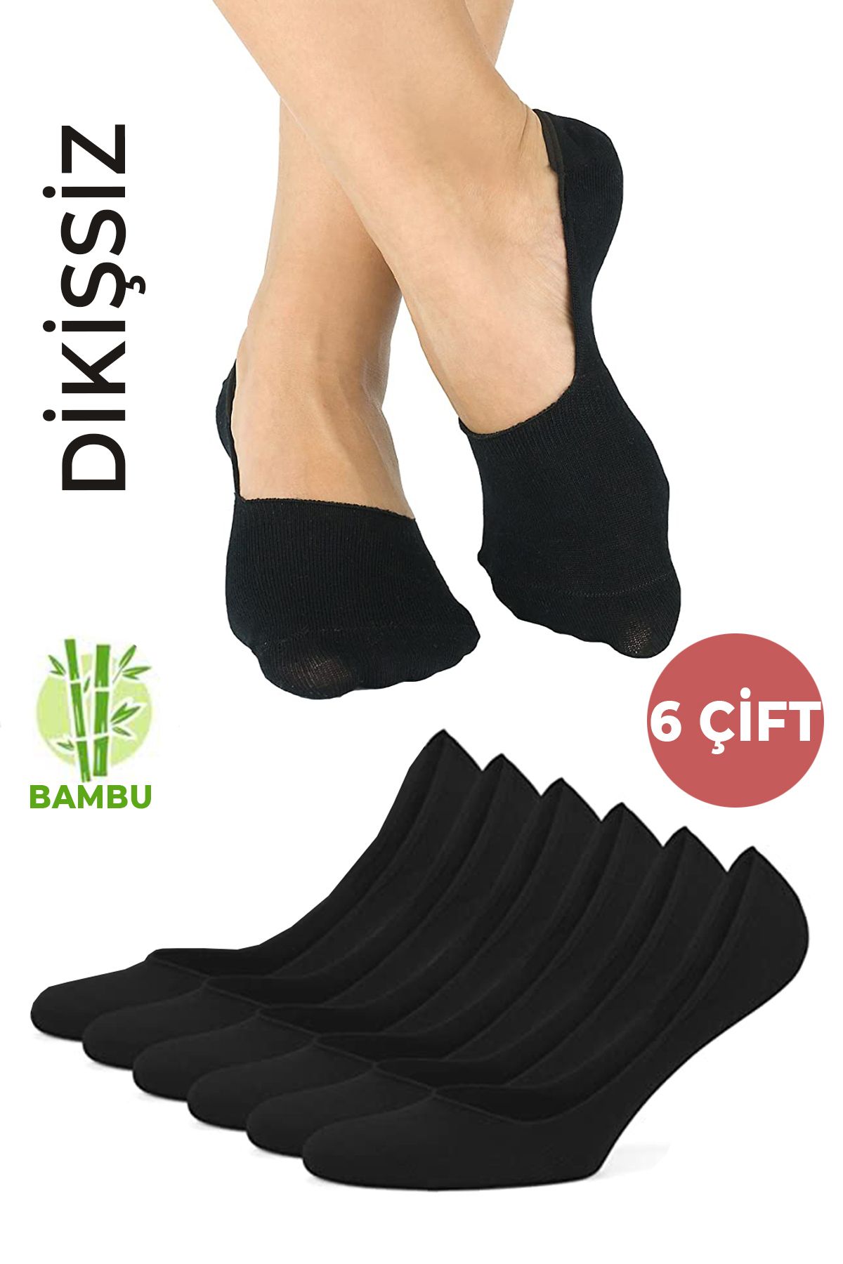 Socks Stations Ünisex Siyah Terletmeyen Bambu Babet Çorap - Kaydırmaz Silikonlu 6'lı Babet Çorap Seti