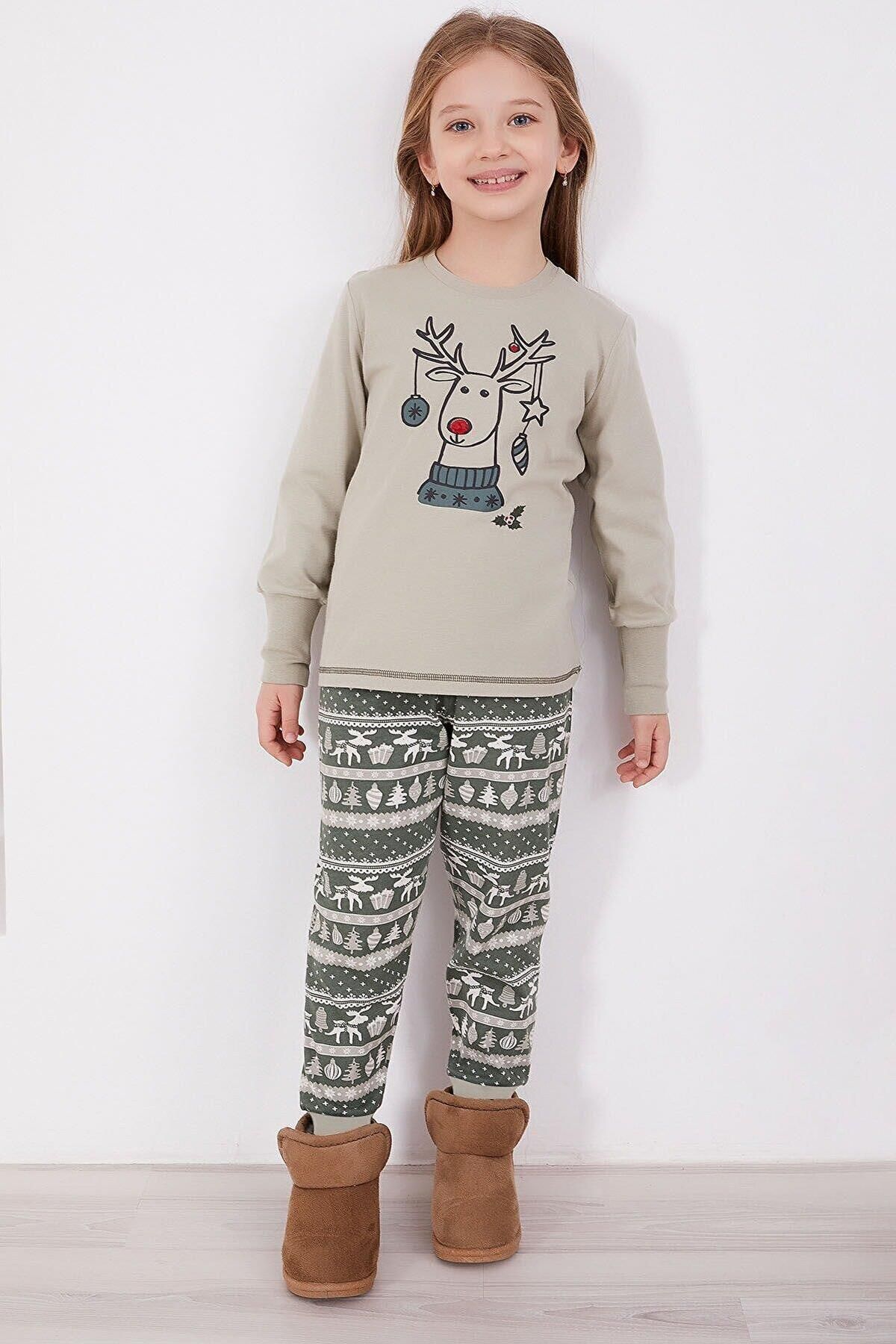 Arnetta 2153 Garson Kız Çocuk Geyik Desenli Noel Konsept Uzun Kol Pijama Takım