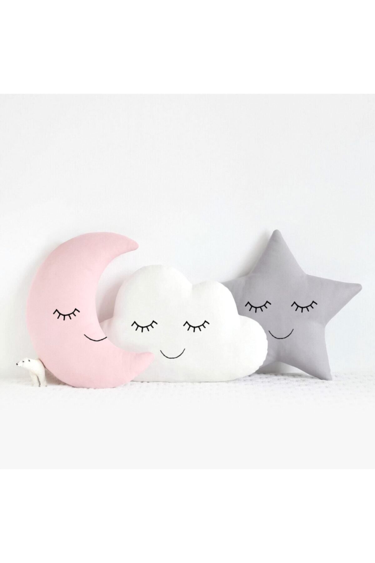 Miomundo Bebek Ve Çocuk Odası Ay-yıldız-bulut Yastık Seti Uyku Arkadaşları Üçlü Kombin Pembe Beyaz Gri