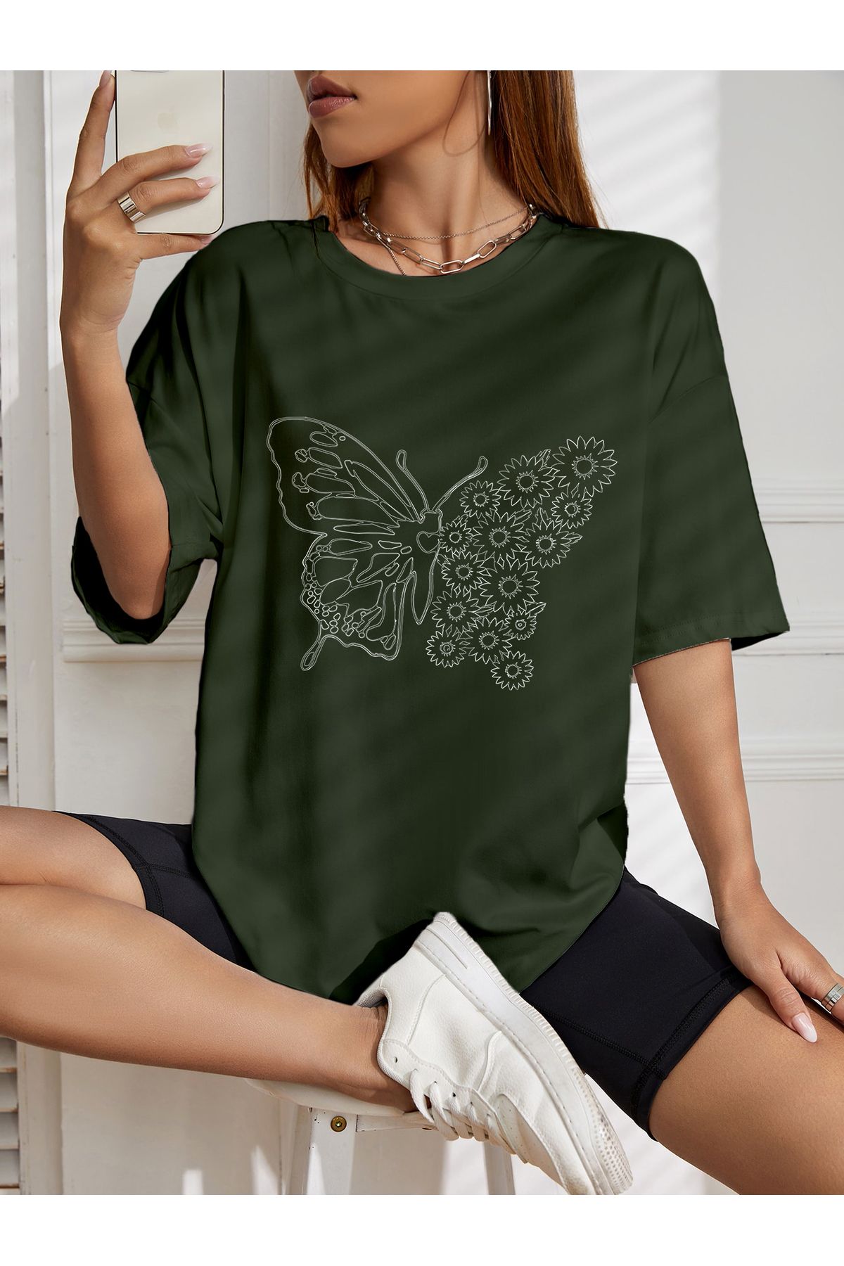 PENTHİLUS çiçekli kelebek baskılı T-shirt büyük beden
