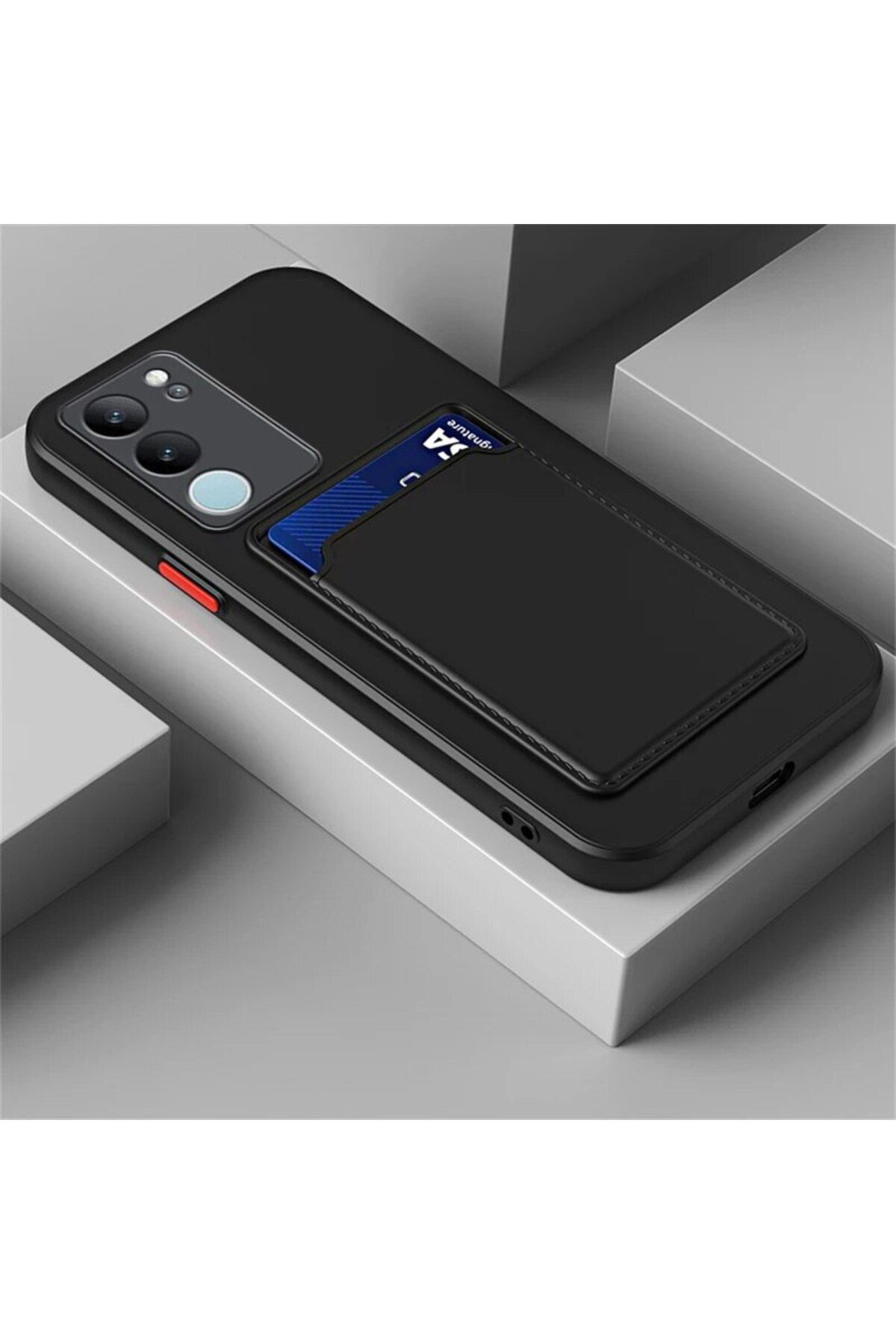 Fibaks Vivo V29 5G Kılıf Kamera Korumalı Kartlıklı Cüzdanlı Kırmızı Tuşlu Siyah Silikon Kapak