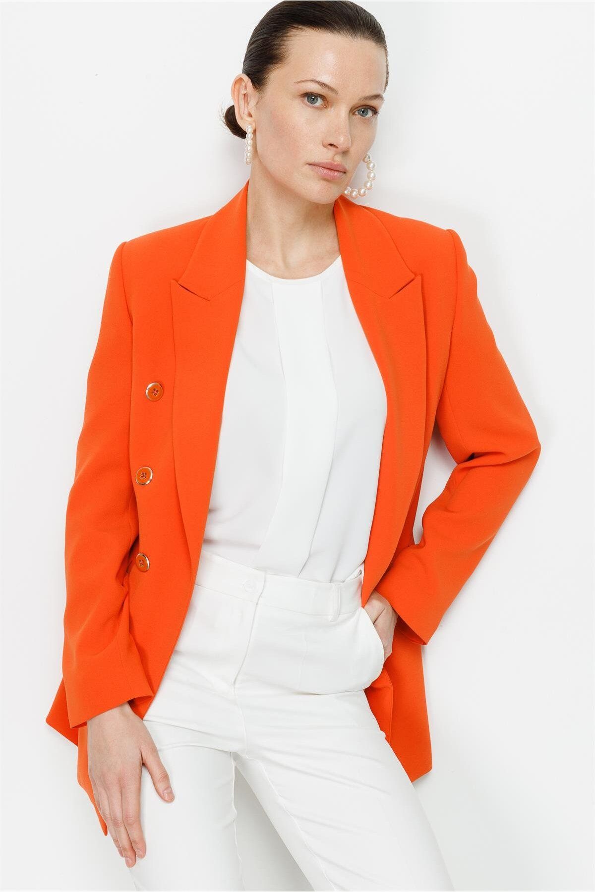 Moda İlgi Modailgi Düğme Detaylı Mono Yaka Ceket Orange