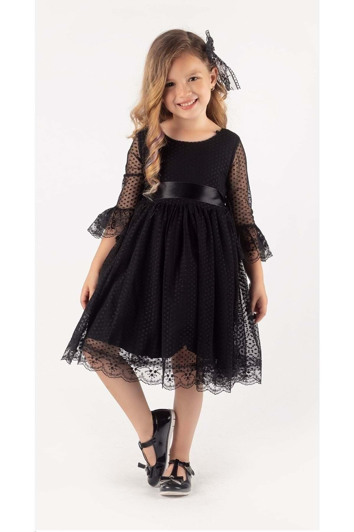 Mnk Rengarenk Fransız Dantel Tokalı Kız Çocuk Elbise Siyah