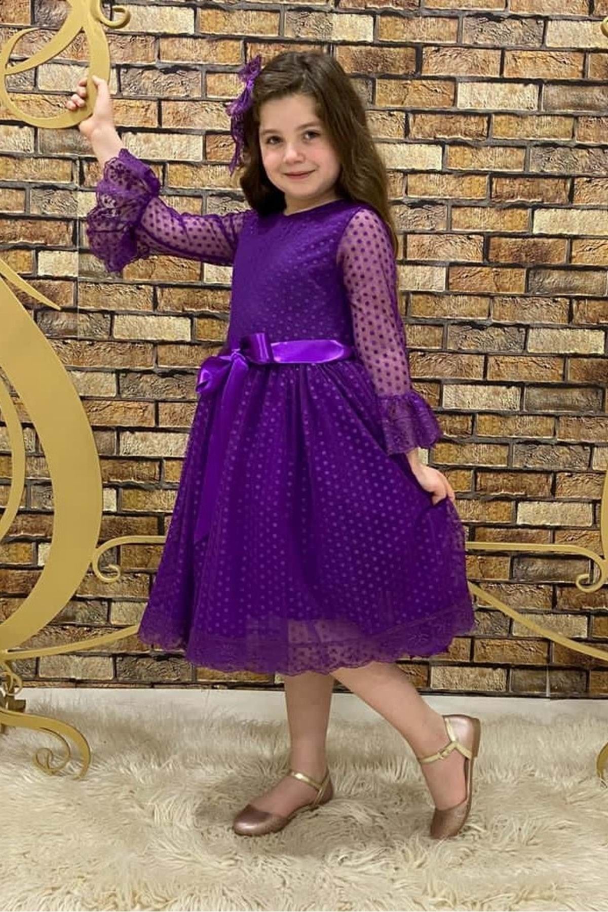 Mnk Rengarenk Fransız Dantel Tokalı Kız Çocuk Elbise Mor