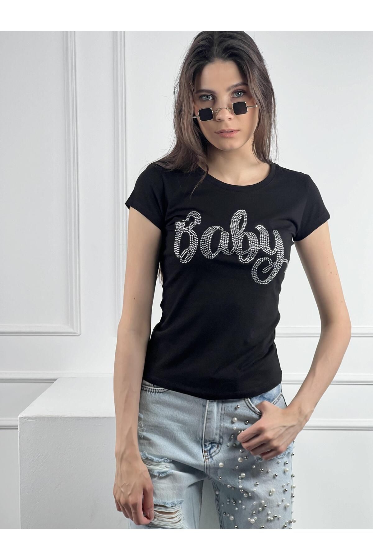 Miss Poem Siyah Baby Taş İşlemeli Basic T-Shirt % 100 Cotton 15511-18