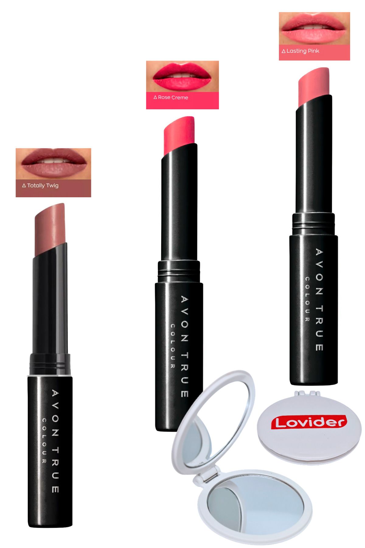 Avon Beauty 3'lü Ruj Paketi - Totally Twig + Rose Creme + Lasting Pink + Lovider Cep Aynası