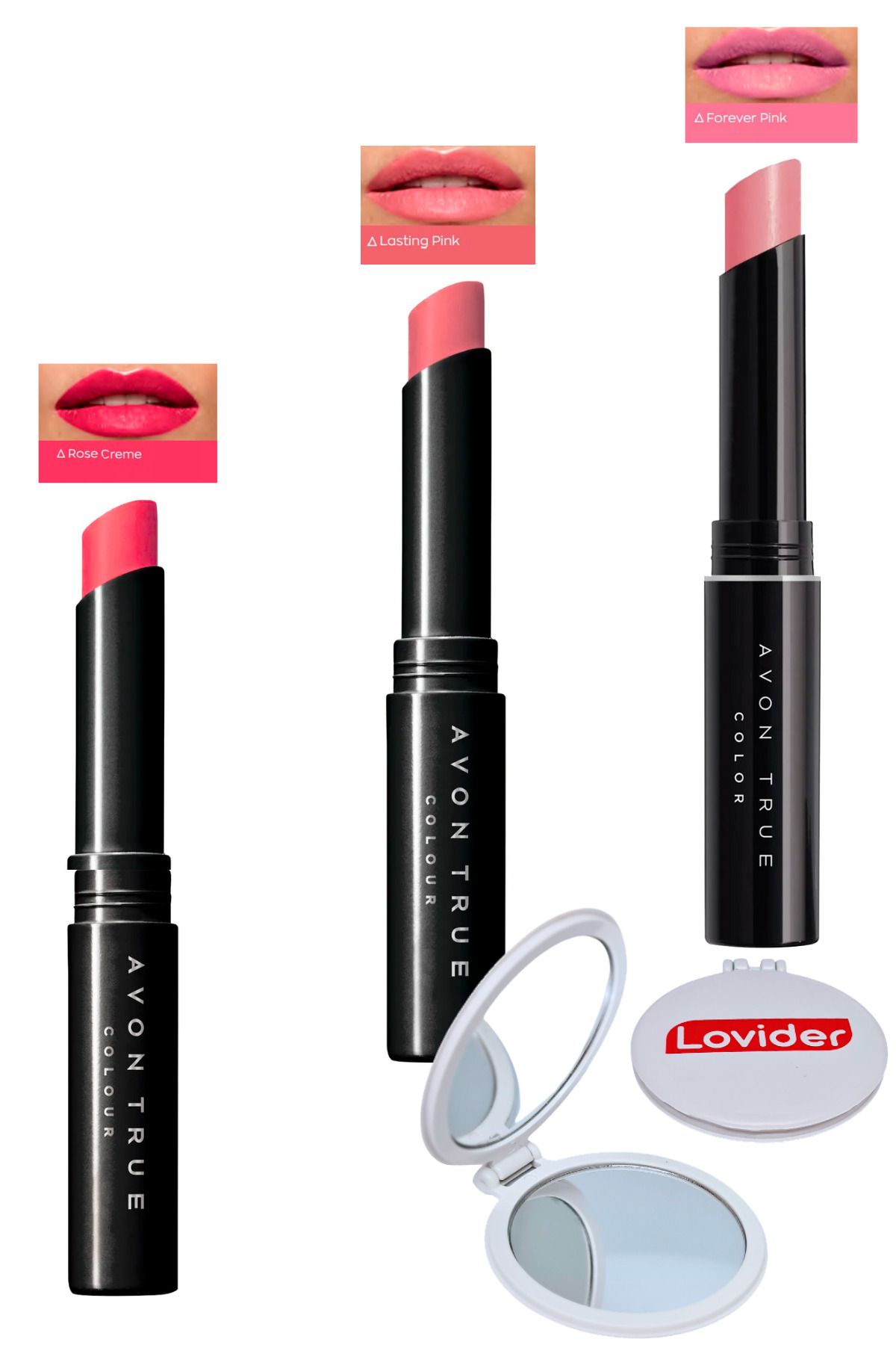 Avon Beauty 3'lü Ruj Paketi - Rose Creme + Lasting Pink + Forever Pink + Lovider Cep Aynası