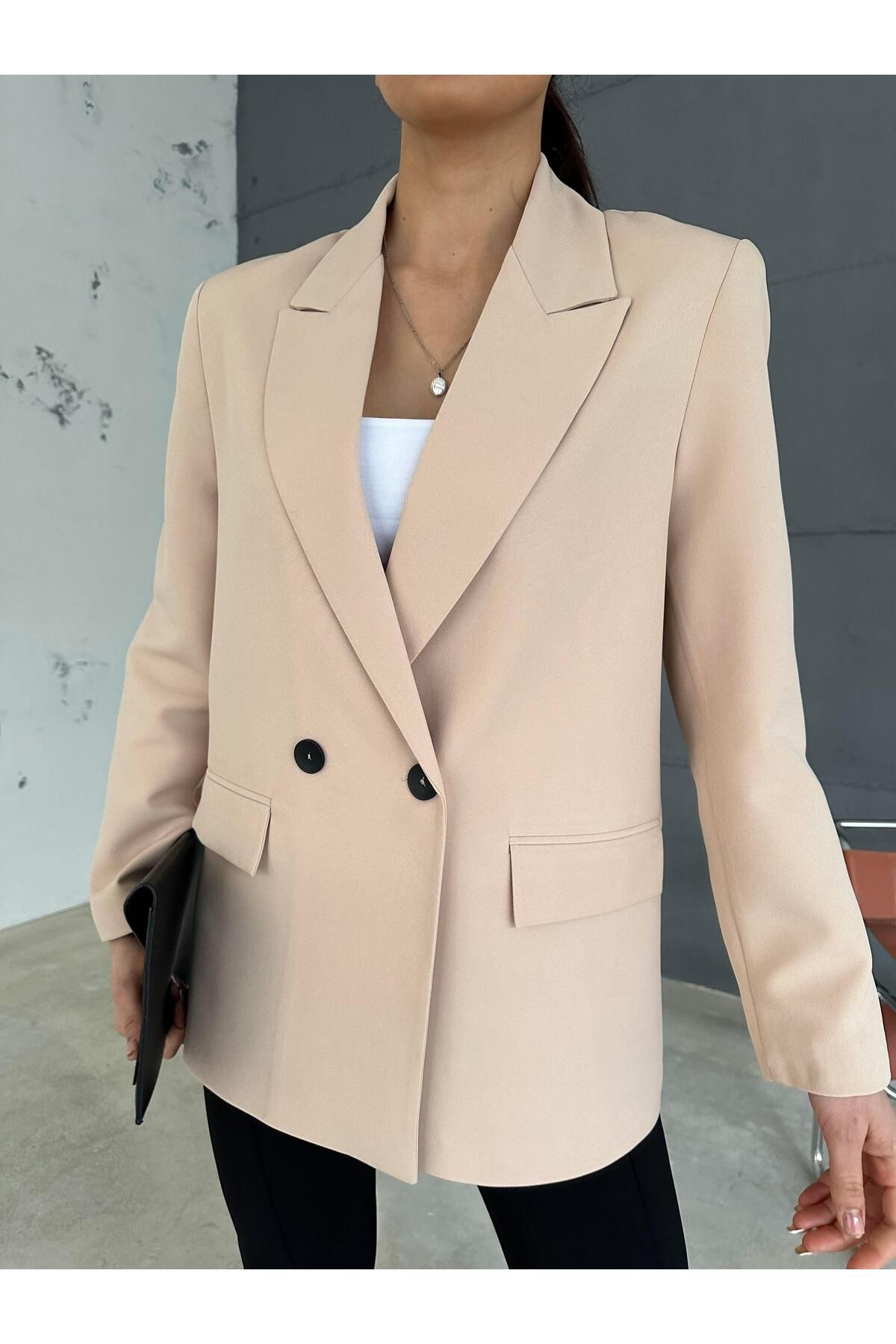 Maldia Shop Kadın Double Kumaş Astarlı Krem Blazer Ceket
