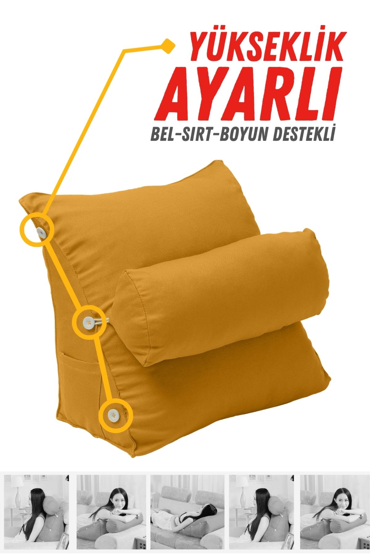 XPERMATE Yükseklik Ayarlı Tv Yastığı - Bel Destek Yastığı - Sırt Yastığı - Boyun Destekli Yastık Sarı