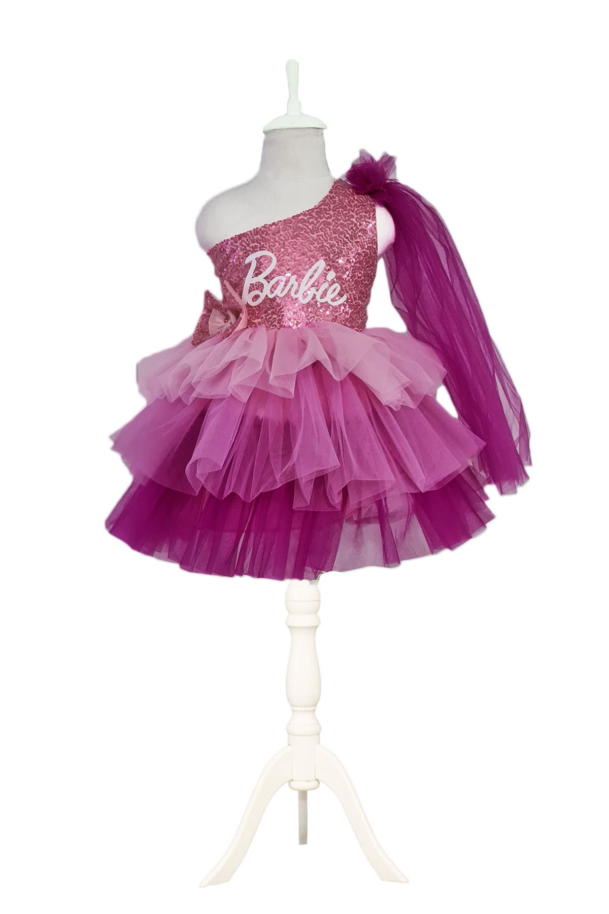 Mashotrend Tek Omuz Barbie Kostümü - Barbi Elbise- Barbie Elbise Barbie Cosplay - Pembe Elbise Balo Kostümü