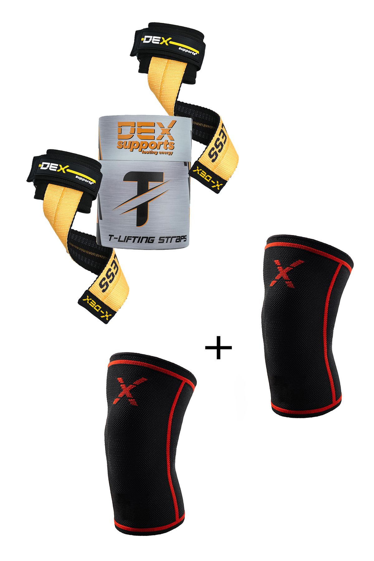 Dex Supports Lasting Energy Spor Antrenman Dizliği Knee Sleeve + Halter Kayışı T-Grips 2'Li Set